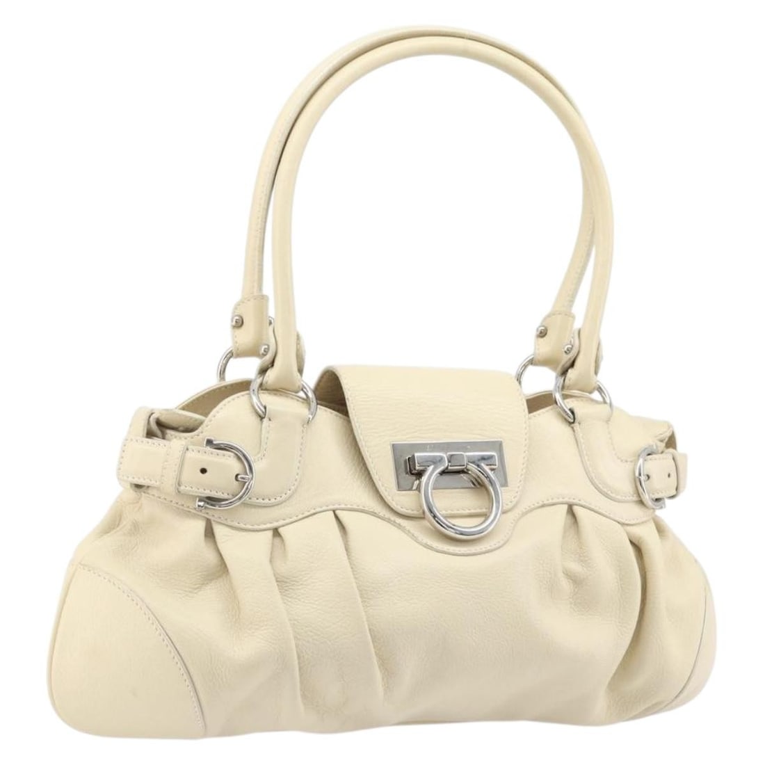 Salvatore Ferragamo Marissa Gancini White Leather Shoulder Bag Silver Hardware: Salvatore Ferragamo Marissa Gancini White Leather Shoulder Bag Silver Hardware This Salvatore Ferragamo Gancini Marissa shoulder bag features a white and silver leather exterior with silver-tone hardw