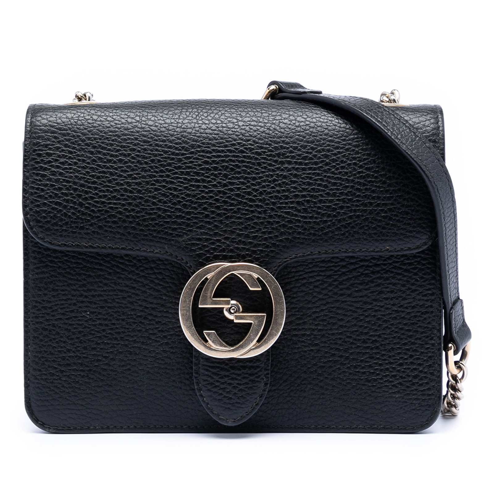 Gucci Interlocking G Small Black Leather Crossbody Bag: Gucci Interlocking G Small Black Leather Crossbody Bag This Gucci Small Dollar Calfskin Interlocking G Crossbody bag is crafted from black leather and features a chain-link shoulder strap with a leath