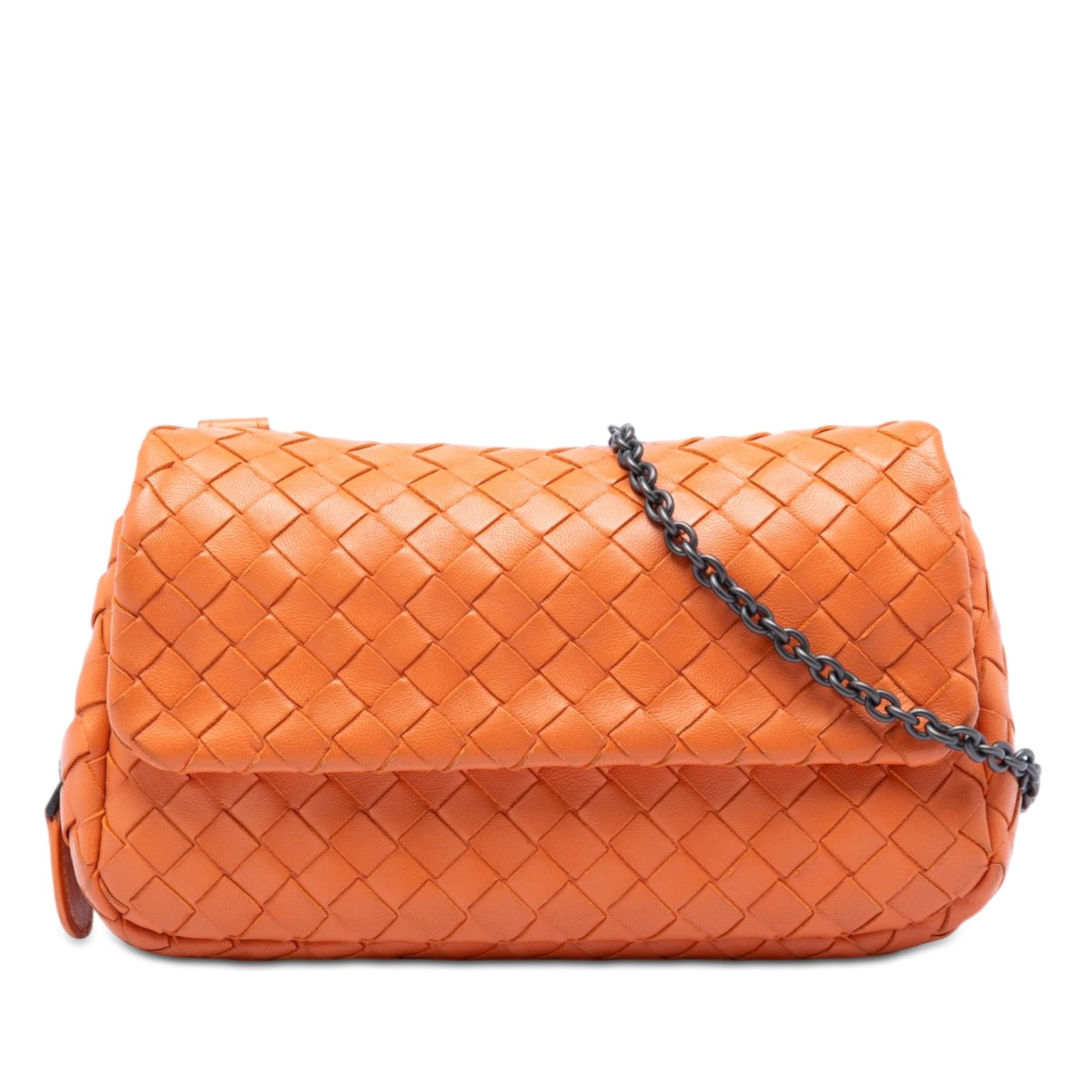 Bottega Veneta Intrecciato Mini Leather Chain Crossbody Bag: Bottega Veneta Intrecciato Mini Leather Chain Crossbody Bag This Bottega Veneta Mini Nappa Intrecciato Expandable Chain Flap Crossbody features a signature woven leather design in orange, complemented