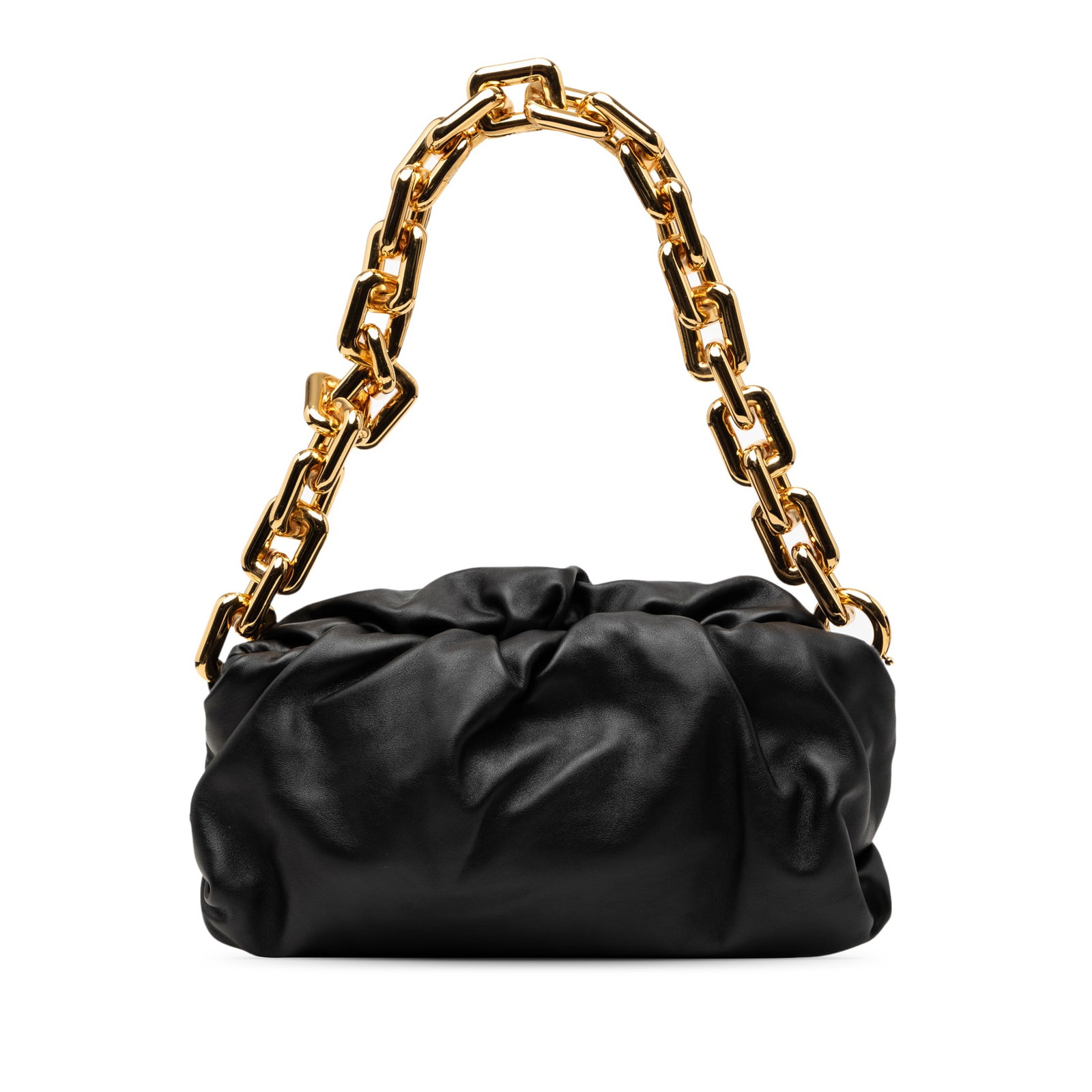 Bottega Veneta Lambskin Chain Pouch Black Leather Bag: Bottega Veneta Lambskin Chain Pouch Black Leather Bag A Bottega Veneta Lambskin Chain Pouch in black, crafted with a leather body and a gold-tone chain link strap. It features a top magnetic frame clo