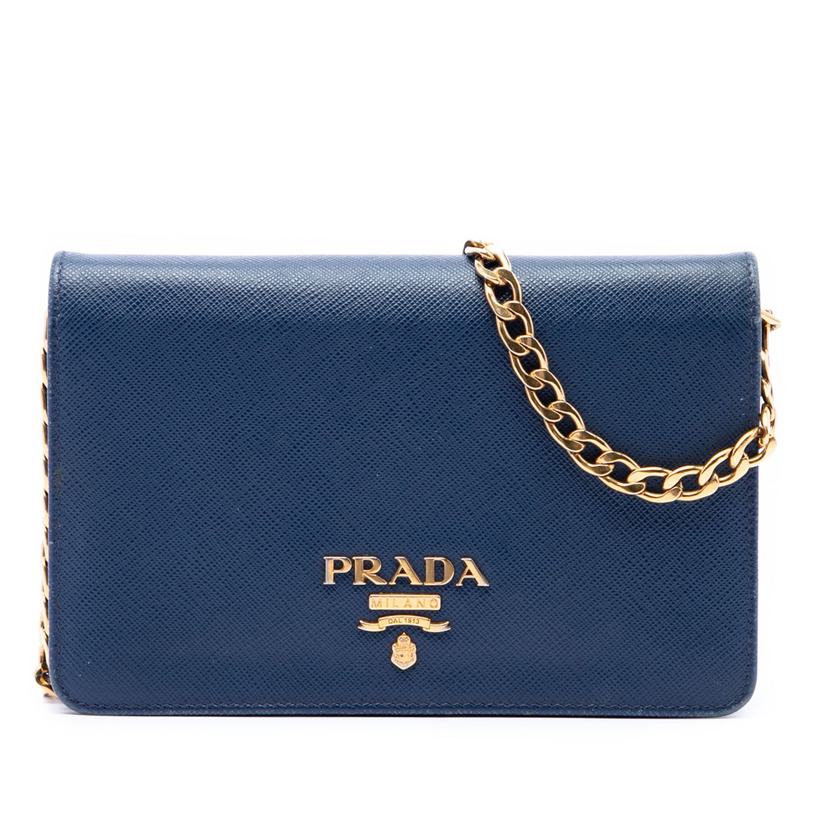 Prada Saffiano Lux Leather Wallet on Chain Blue: Prada Saffiano Lux Leather Wallet on Chain Blue Prada Saffiano Lux Wallet on Chain in blue leather with a structured saffiano finish. This wallet-on-chain design features a chain link strap, a front f