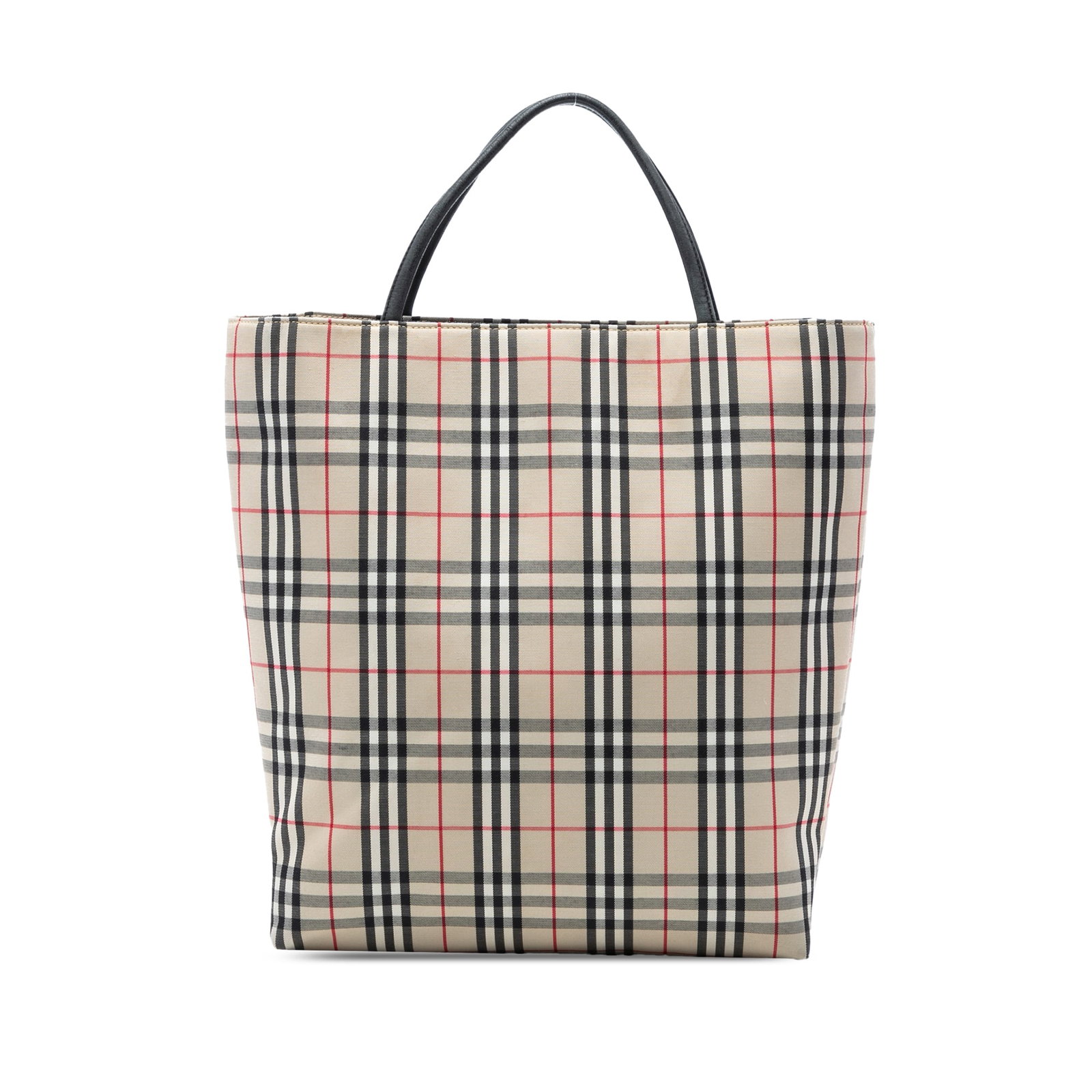 Burberry Beige Canvas Tote with Rolled Leather Handles: Burberry Beige Canvas Tote with Rolled Leather Handles This Burberry House Check Canvas Tote features a classic canvas body complemented by rolled leather handles. It is designed with an open top secu