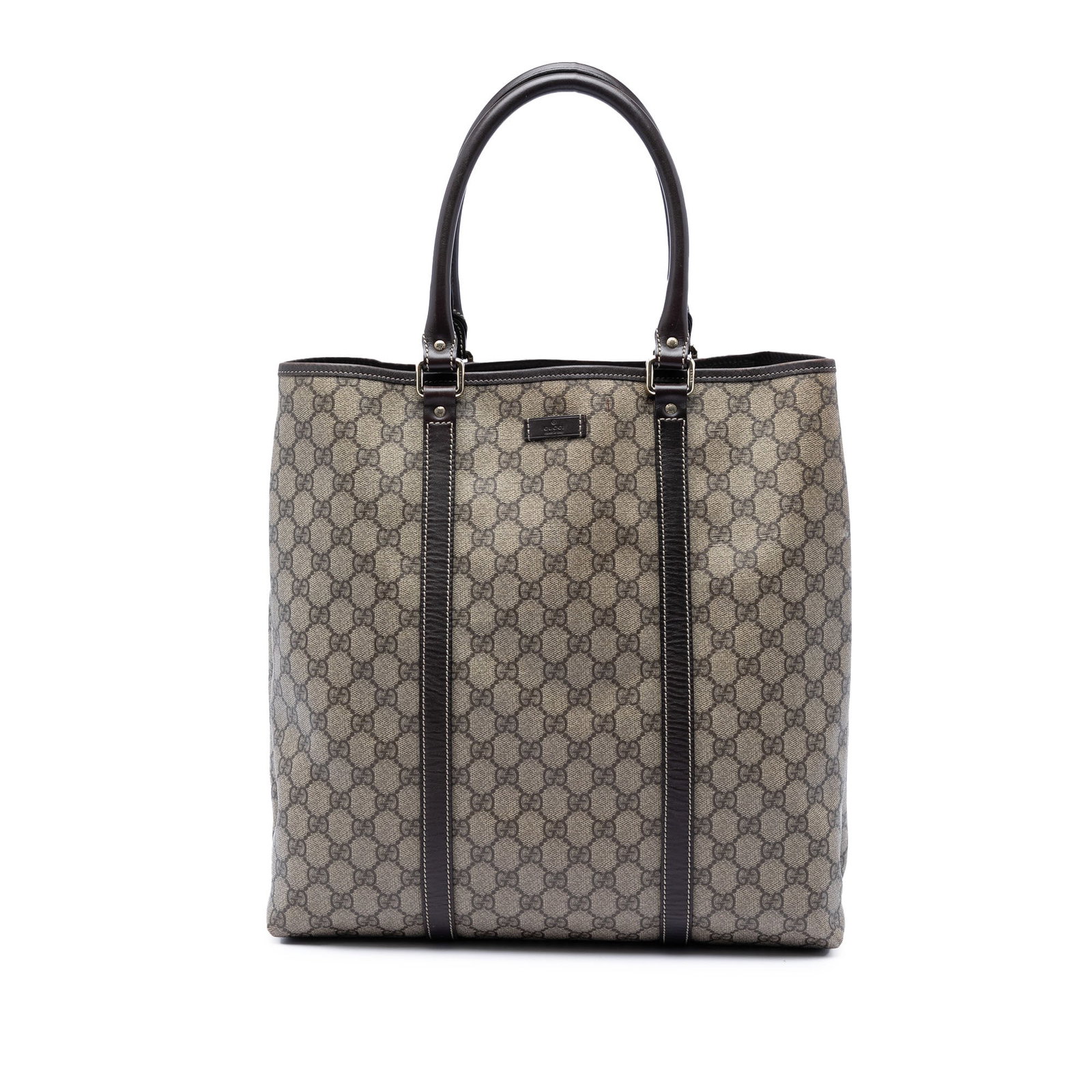 Gucci GG Supreme Joy Vertical Beige Tote Bag: Gucci GG Supreme Joy Vertical Beige Tote Bag This Gucci GG Supreme Joy Vertical Tote is crafted from coated canvas with leather trim, featuring rolled leather handles, an open top with side snap butto