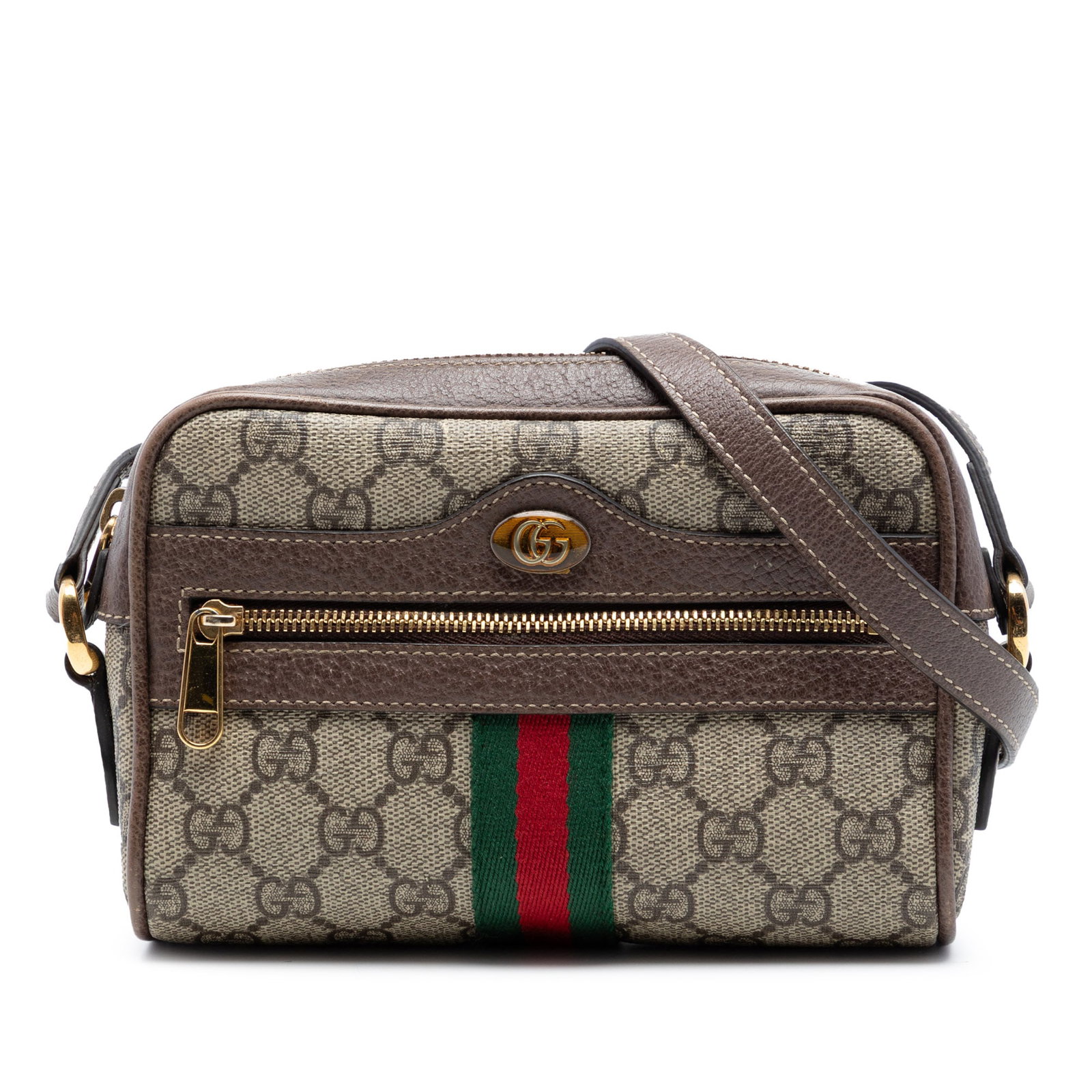 Gucci Ophidia Mini GG Supreme Crossbody Bag: Gucci Ophidia Mini GG Supreme Crossbody Bag This Gucci Mini GG Supreme Web Ophidia Crossbody features a coated canvas body with leather trim, an adjustable flat leather strap, a top zip closure, an ex