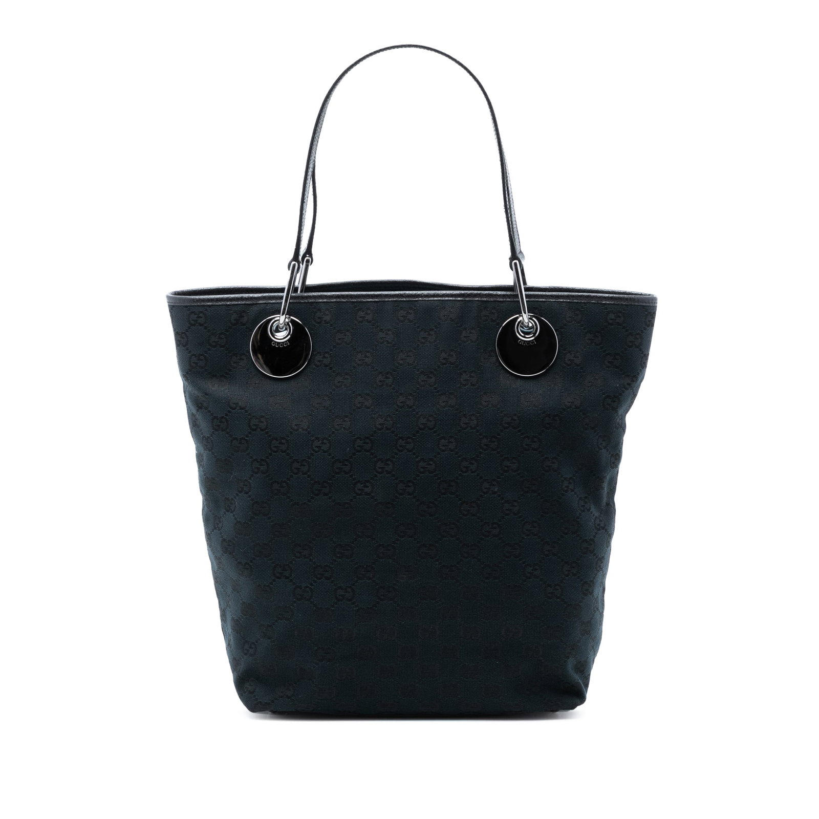 Gucci Eclipse canvas tote bag with leather trim: Gucci Eclipse canvas tote bag with leather trim This Gucci Large GG Canvas Eclipse Tote features a canvas body with leather trim, flat leather straps, an open top, and interior zip and slip pockets. T