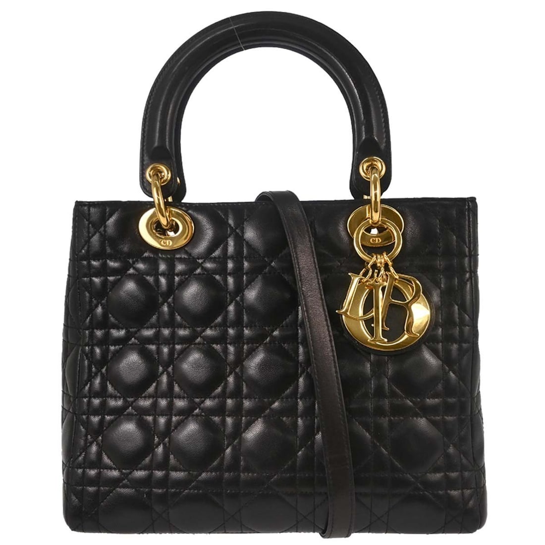 Dior Lady Dior Cannage Black Lambskin 2way Satchel Bag: Dior Lady Dior Cannage Black Lambskin 2way Satchel Bag Black lambskin Lady Dior Cannage 2-way handbag with a zipper closure and double handles. It features a quilted exterior, inner pockets, a canvas 