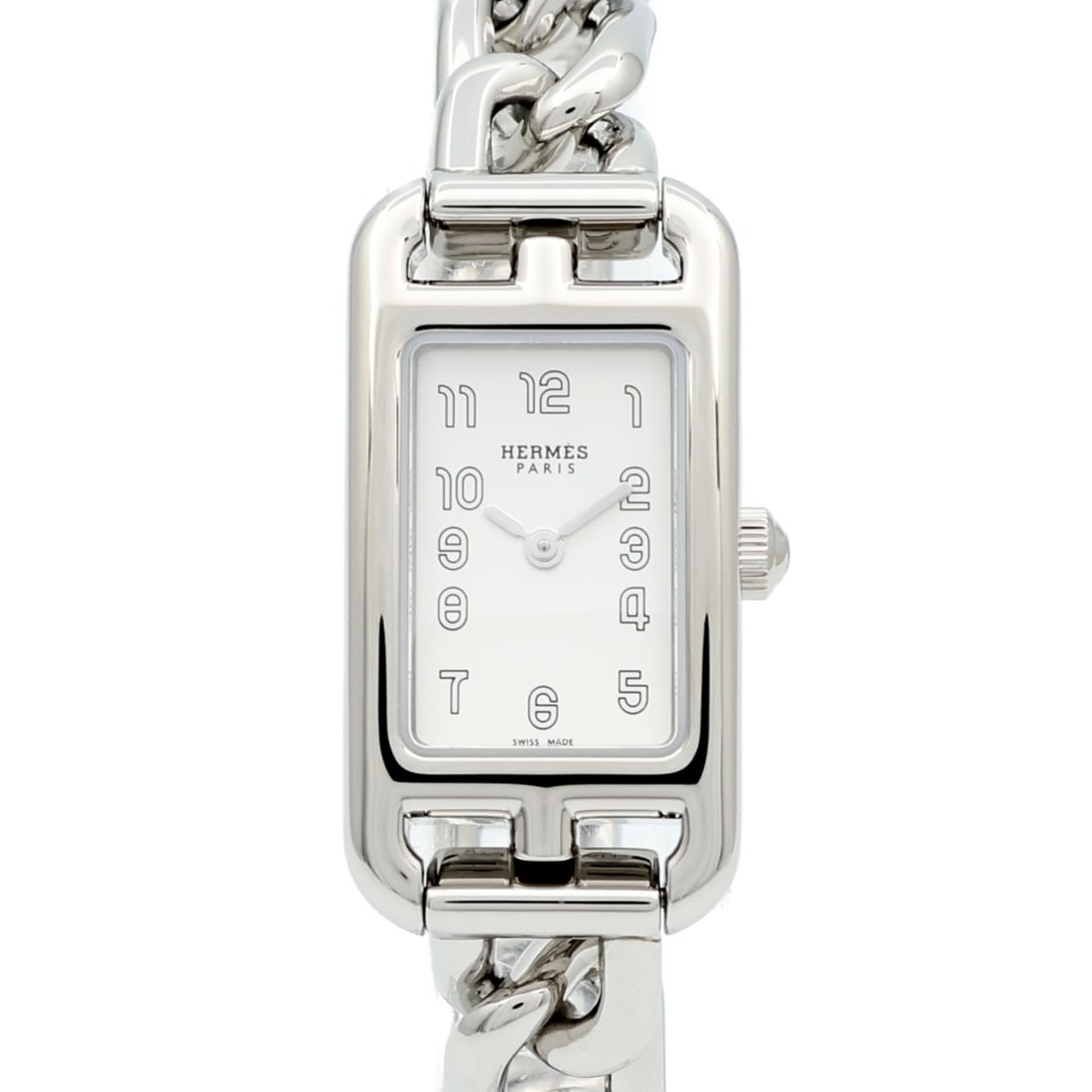 Hermes NA2.110 Nantucket ladies quartz watch stainless steel white dial: Hermes NA2.110 Nantucket ladies quartz watch stainless steel white dial Hermes Nantucket quartz watch in stainless steel with a white and silver color scheme. This ladies' watch features a quartz move