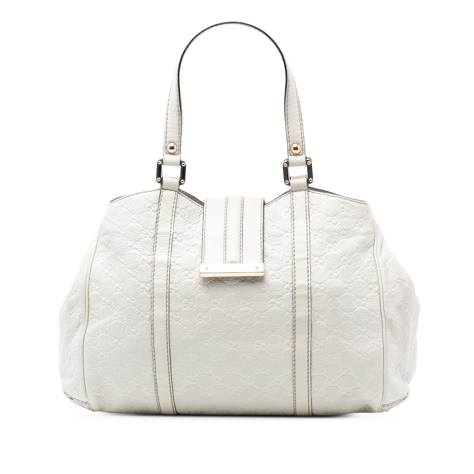 White Leather Guccissima Tote Bag by Gucci with Embossed Design: White Leather Guccissima Tote Bag by Gucci with Embossed Design This Gucci Guccissima tote features embossed leather construction with flat leather straps, an open top secured by a flap tab and magnet