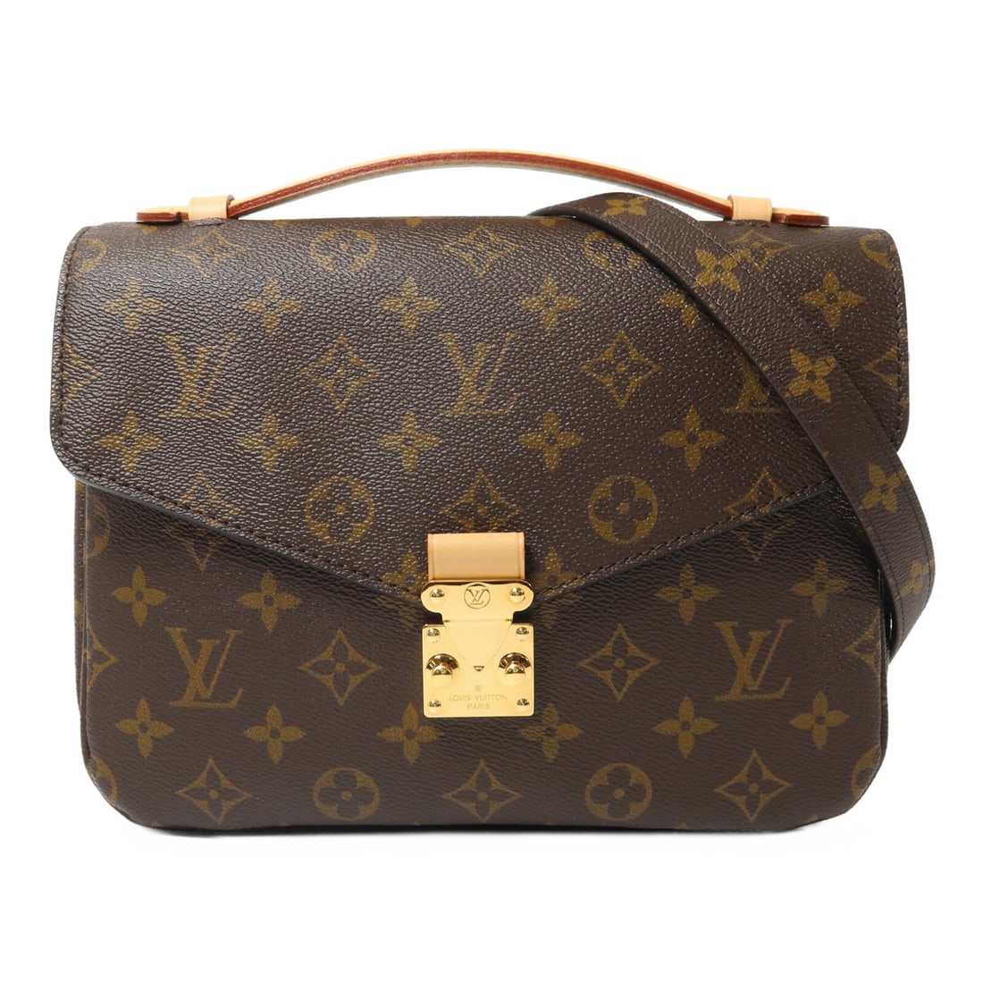 Louis Vuitton Pochette Metis MM Monogram Shoulder Bag M44875: Louis Vuitton Pochette Metis MM Monogram Shoulder Bag M44875 A Louis Vuitton Pochette Metis MM 2 Way Shoulder Bag in brown Monogram x PVC coated canvas. This model features gold-tone hardware, a flap 