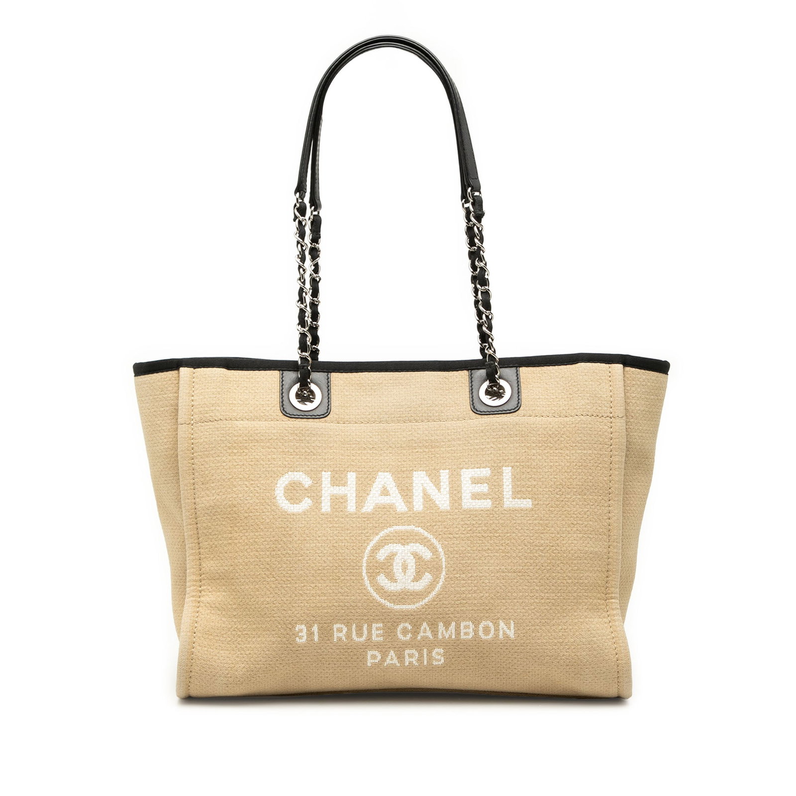 Chanel Deauville Small Canvas Tote Bag Brown: Chanel Deauville Small Canvas Tote Bag Brown This Chanel Small Deauville tote is crafted with a canvas body and features fabric-woven chain straps with a leather shoulder guard. The open-top design ha
