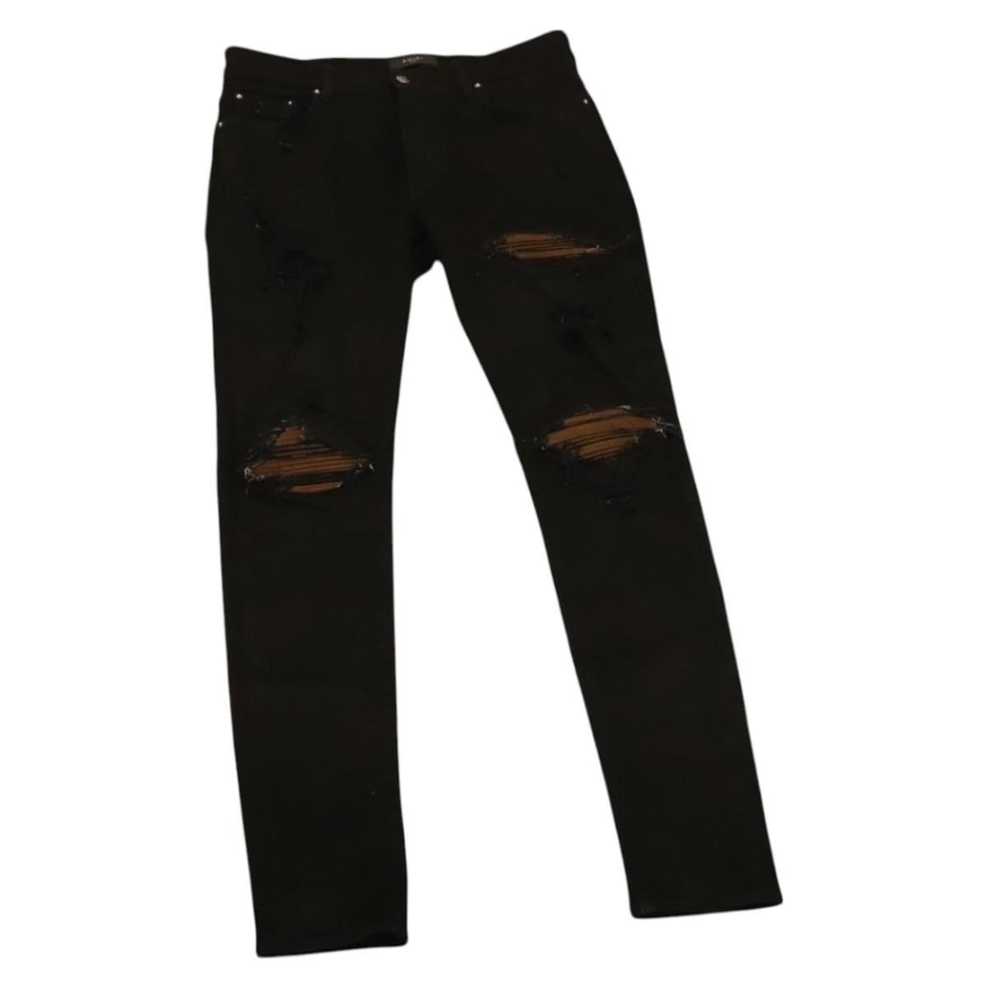 AMIRI black cotton skinny pants distressed USA made: AMIRI black cotton skinny pants distressed USA made Black AMIRI damaged skinny pants made from cotton. Made in the USA, these pants are size B condition with reasonable wear and tear and show slight r