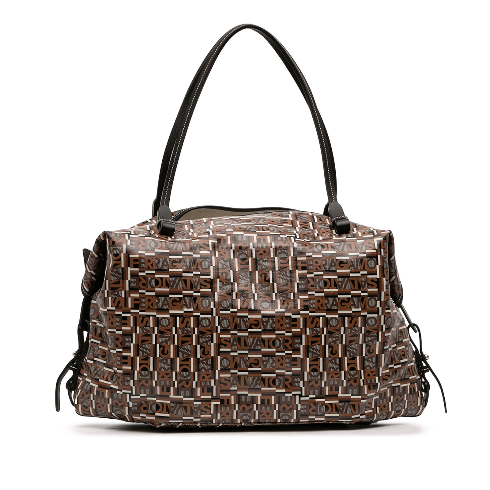 Brown Gancini Tote Bag in Coated Canvas with Leather Trim by Ferragamo: Brown Gancini Tote Bag in Coated Canvas with Leather Trim by Ferragamo This Ferragamo Gancini tote features a durable coated canvas body with leather trim and flat leather straps. The open top design 