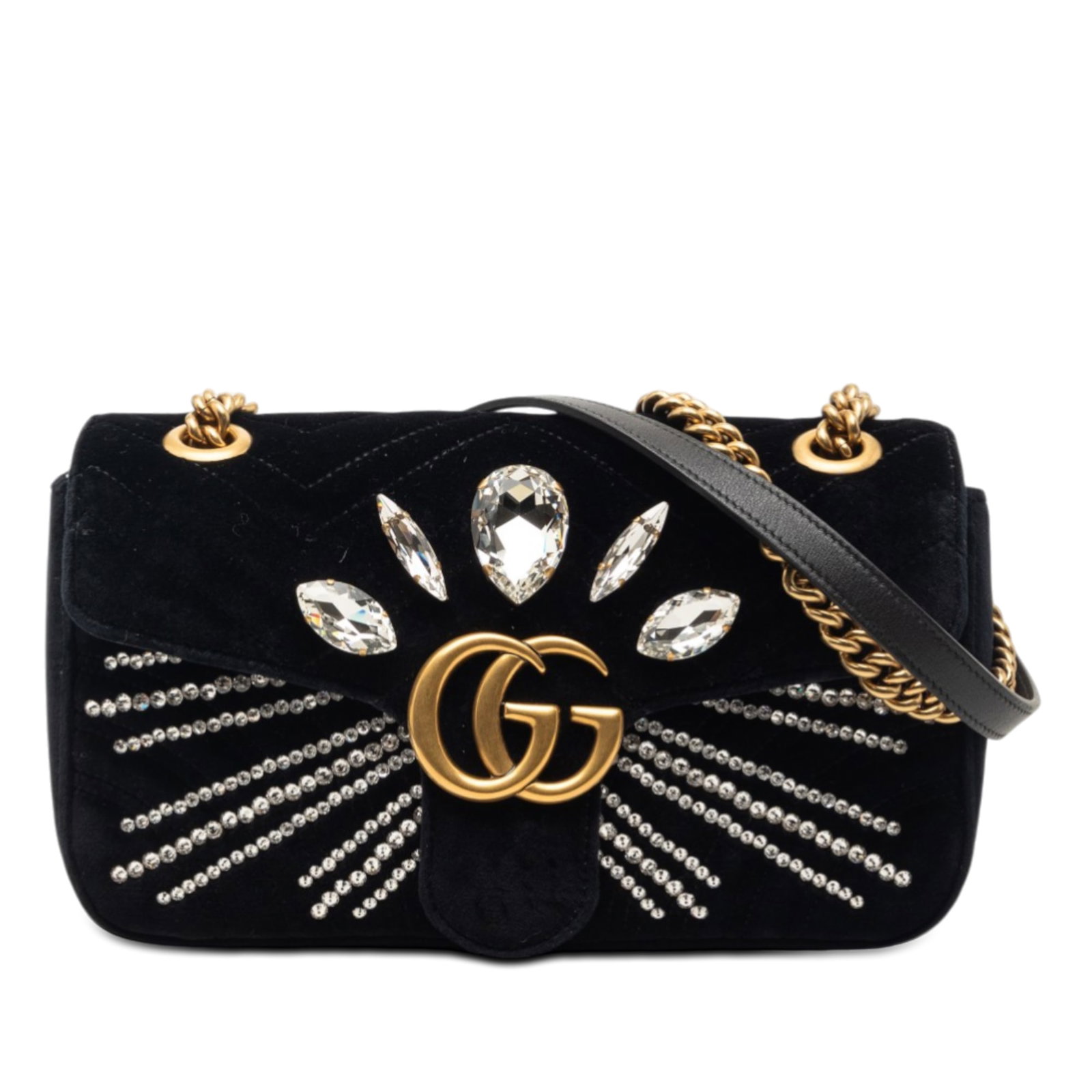 Gucci GG Marmont velvet crystal shoulder bag: Gucci GG Marmont velvet crystal shoulder bag This Gucci Medium GG Marmont Matelasse shoulder bag showcases a quilted velvet body adorned with crystal embellishments. It features a chain link strap wit