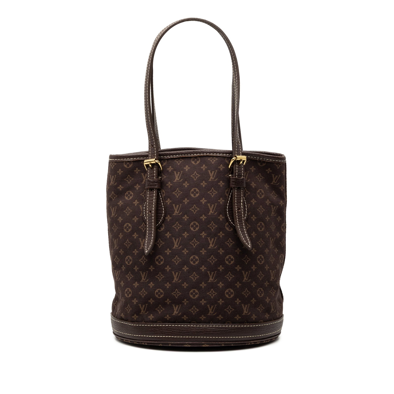 Brown Fabric Bucket PM Bag with Monogram Mini Lin by Louis Vuitton: Brown Fabric Bucket PM Bag with Monogram Mini Lin by Louis Vuitton The Louis Vuitton Monogram Mini Lin Bucket PM features a monogram mini lin fabric body with leather trim, flat leather straps, an ope