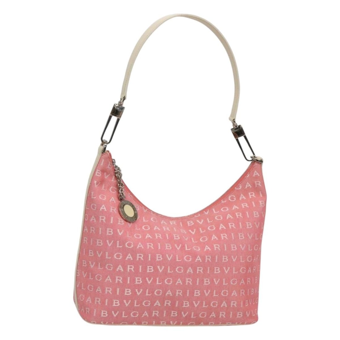 Pink Canvas BVLGARI Logo Mania Women's Shoulder Bag Silver Accents: Pink Canvas BVLGARI Logo Mania Women's Shoulder Bag Silver Accents This BVLGARI Logo Mania shoulder bag features a pink and silver canvas exterior and is designed for women. The bag offers a spacious 