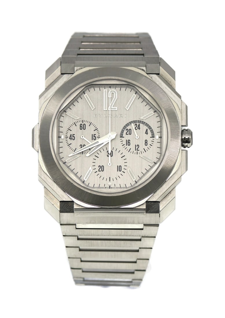 Bulgari Octo Finissimo GMT Chronograph Stainless Steel Watch 43mm Ref 103661: Bulgari Octo Finissimo GMT Chronograph Stainless Steel Watch 43mm Ref 103661 Experience the elegance of the Bulgari Octo Finissimo Chronograph GMT, a stunning wristwatch that combines sophisticated de