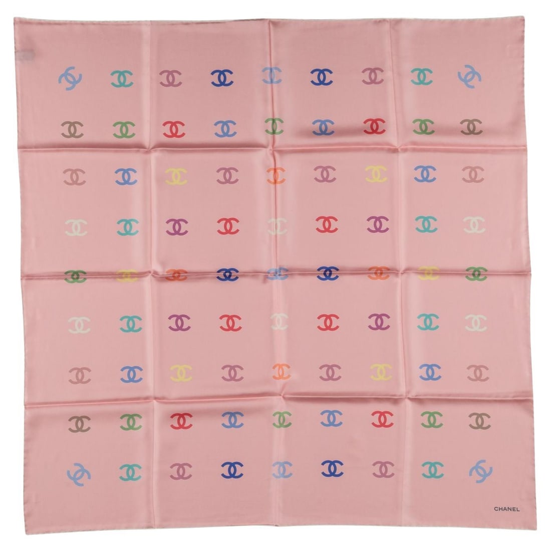 Chanel CC Logo Silk Scarf Pink Multicolor 34 in: Chanel CC Logo Silk Scarf Pink Multicolor 34 in Chanel pink CC logo scarf in 100% silk with a multicolor CC print. Made in Italy, this scarf is in un-used, unused condition. Specifications Brand: Chan