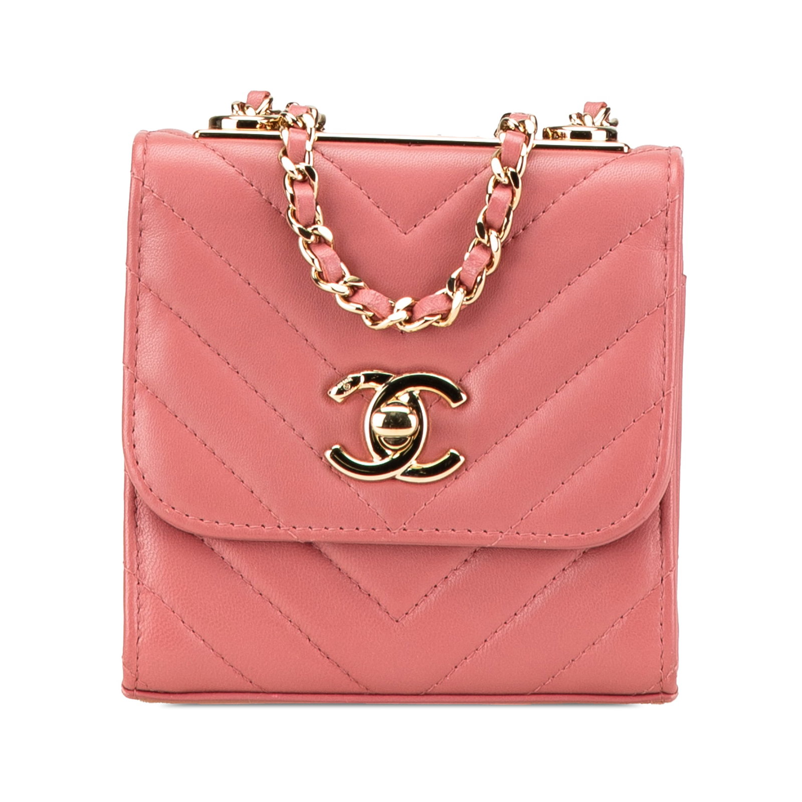 Chanel Mini Chevron Lambskin Trendy CC Wallet Pink Leather Crossbody: Chanel Mini Chevron Lambskin Trendy CC Wallet Pink Leather Crossbody This stylish Chanel Mini Chevron Lambskin Trendy CC Chain Wallet is a must-have accessory for the fashion-forward individual. Craft