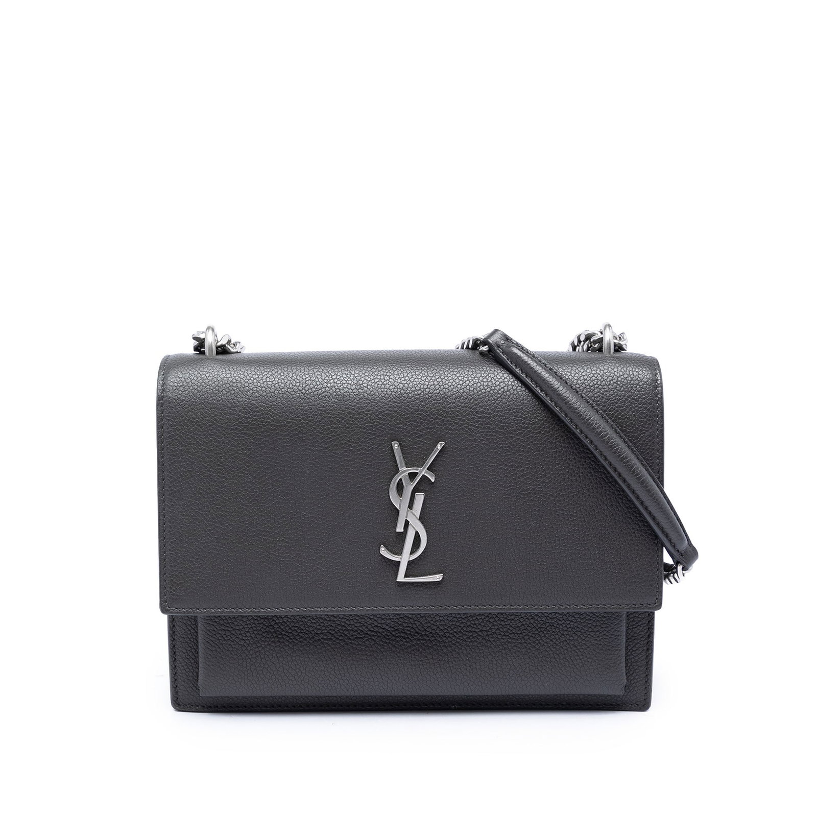 Saint Laurent Sunset Medium Gray Grained Calfskin Crossbody Bag: Saint Laurent Sunset Medium Gray Grained Calfskin Crossbody Bag Saint Laurent Medium Grained Calfskin Monogram Sunset Crossbody bag in gray leather, made in Italy. It features a chain link shoulder st