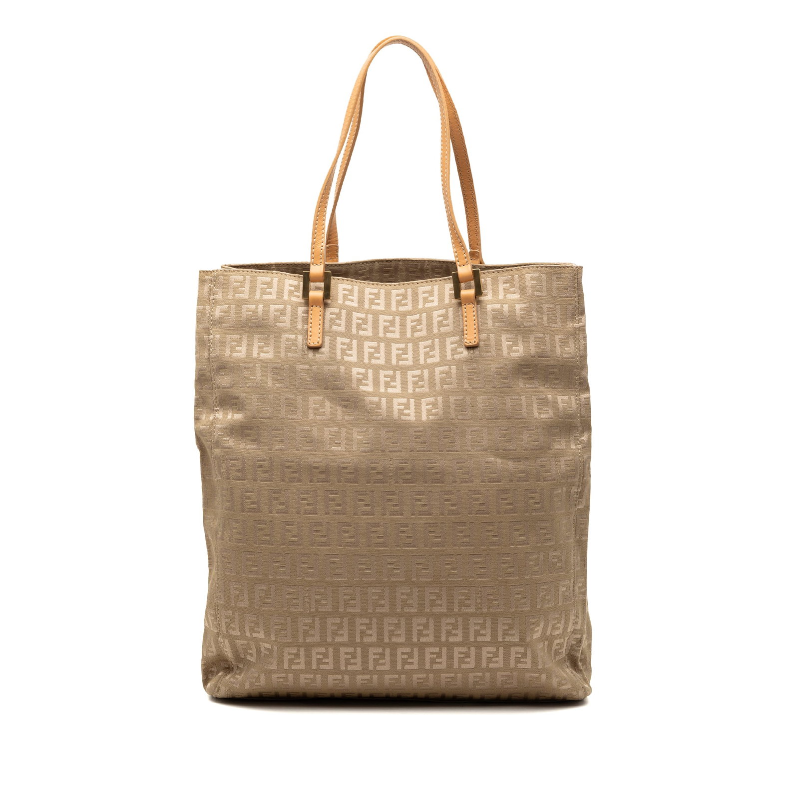Brown Fendi Zucchino Canvas Tote Bag with Leather Handles: Brown Fendi Zucchino Canvas Tote Bag with Leather Handles The Fendi Zucchino Canvas Tote features a classic canvas body with the signature Zucchino pattern, complemented by flat leather handles. It ha