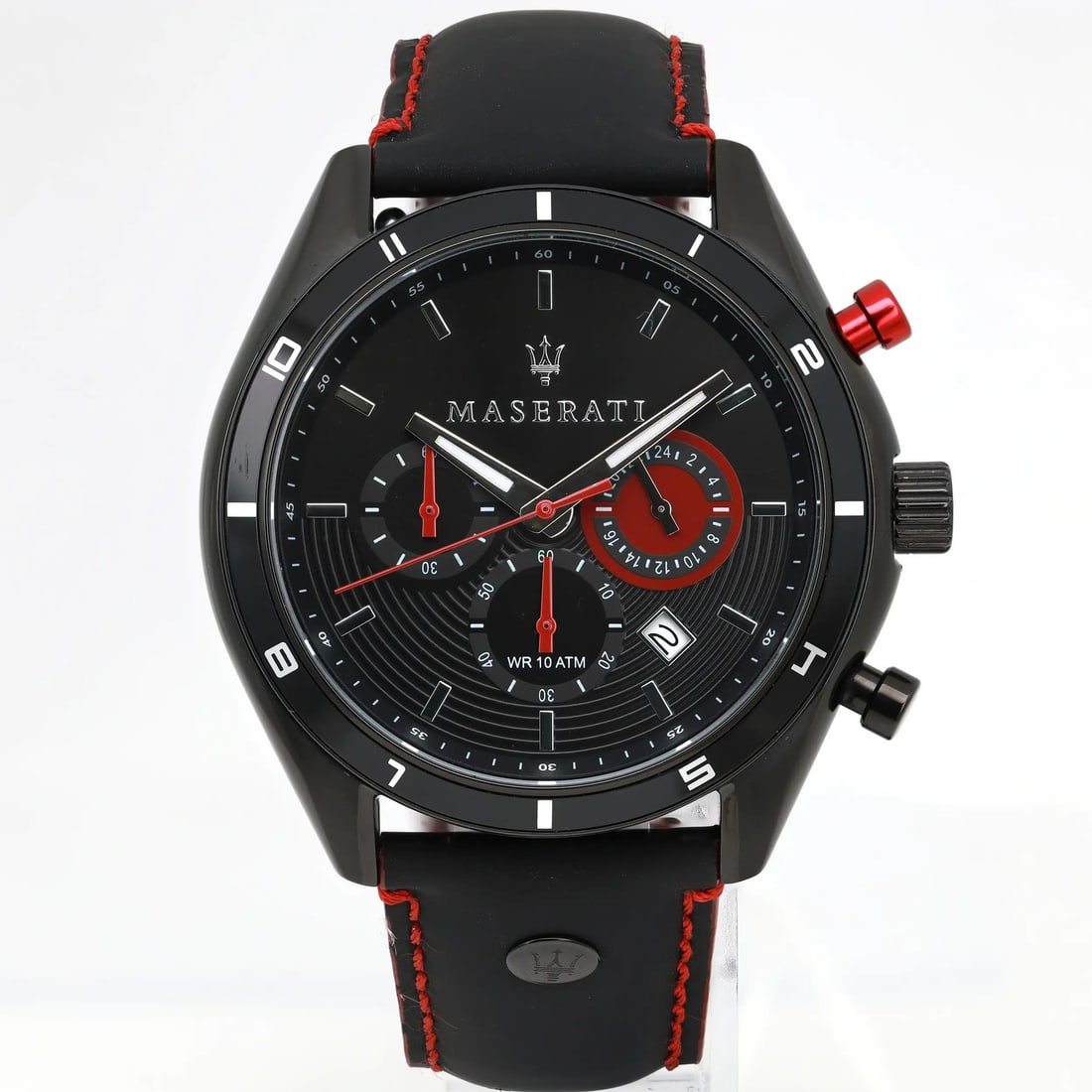 Sorpasso Black Chronograph Maserati Men's Quartz Watch R8871624002 45mm: Sorpasso Black Chronograph Maserati Men's Quartz Watch R8871624002 45mm This Maserati Sorpasso chronograph men's wristwatch features a 45 mm stainless steel case with a PVD-coated black finish and a r