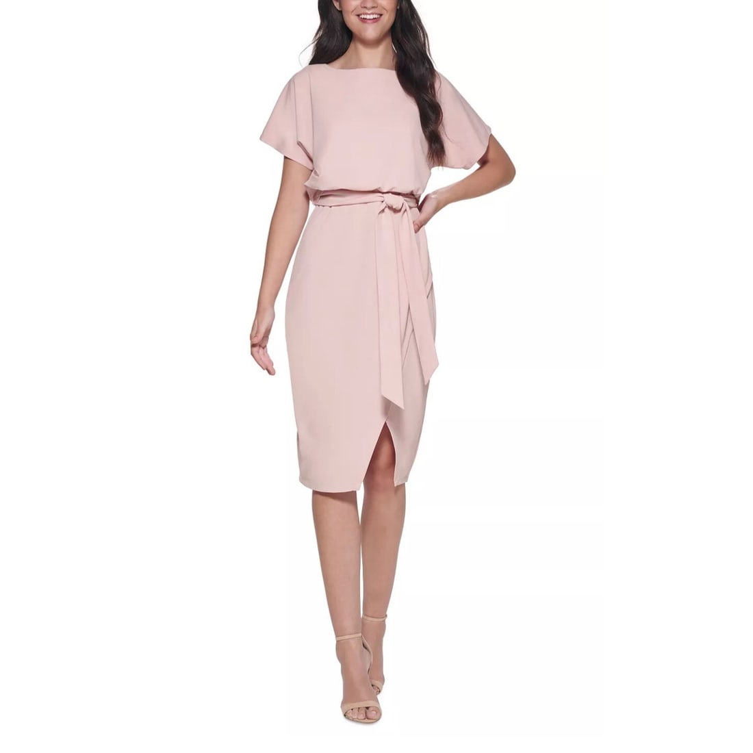 Kensie Women's Blouson Wrap Dress Midi Blush Pink Size 10: Kensie Women's Blouson Wrap Dress Midi Blush Pink Size 10 Elevate your wardrobe with this stunning Kensie Blouson Wrap Dress in a soft blush color. This midi-length dress features a chic boat neckline