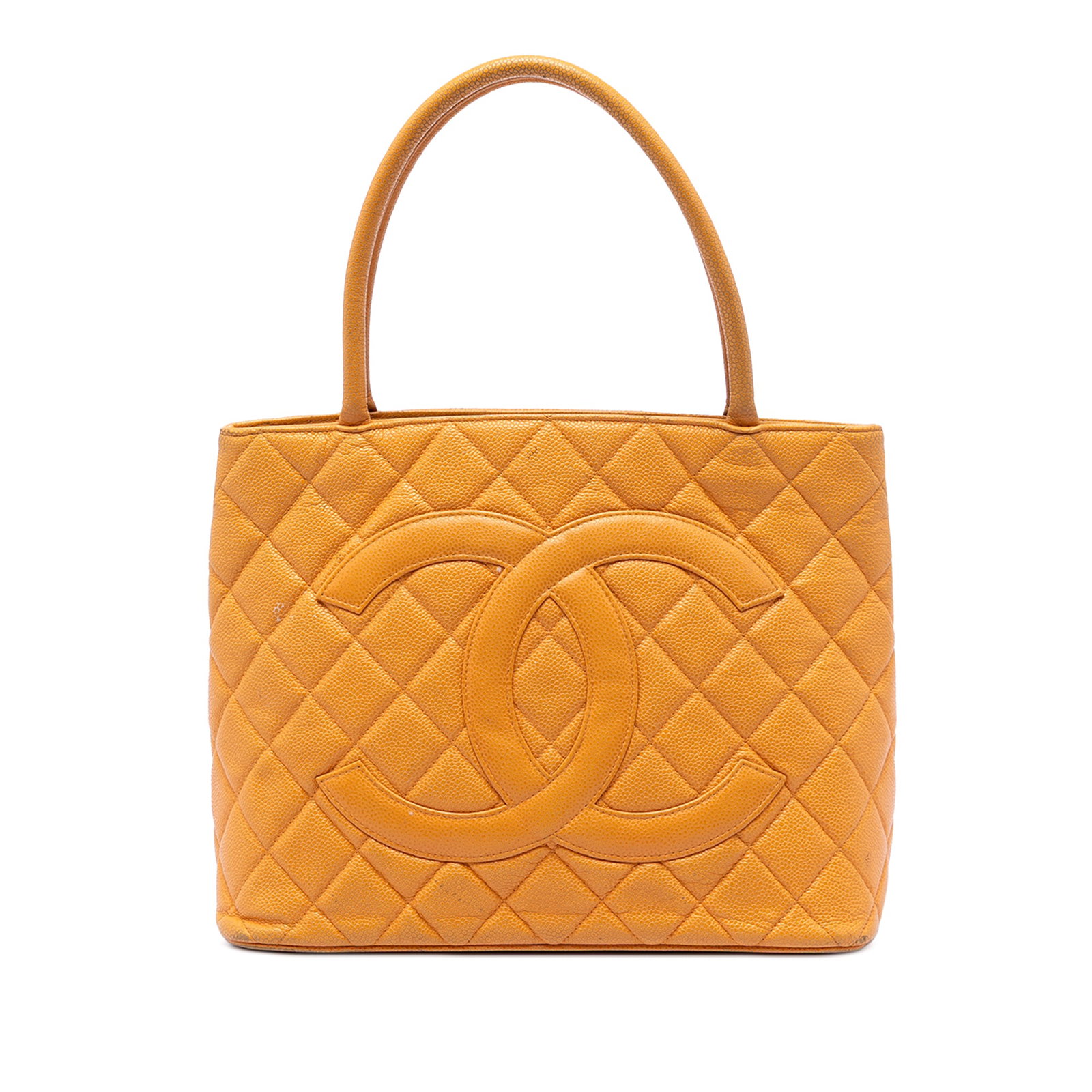 Yellow Chanel Caviar Medallion Leather Tote Bag: Yellow Chanel Caviar Medallion Leather Tote Bag This Chanel Caviar Medallion Tote features a quilted caviar leather exterior in yellow, complemented by rolled leather handles and a top zip closure. Th