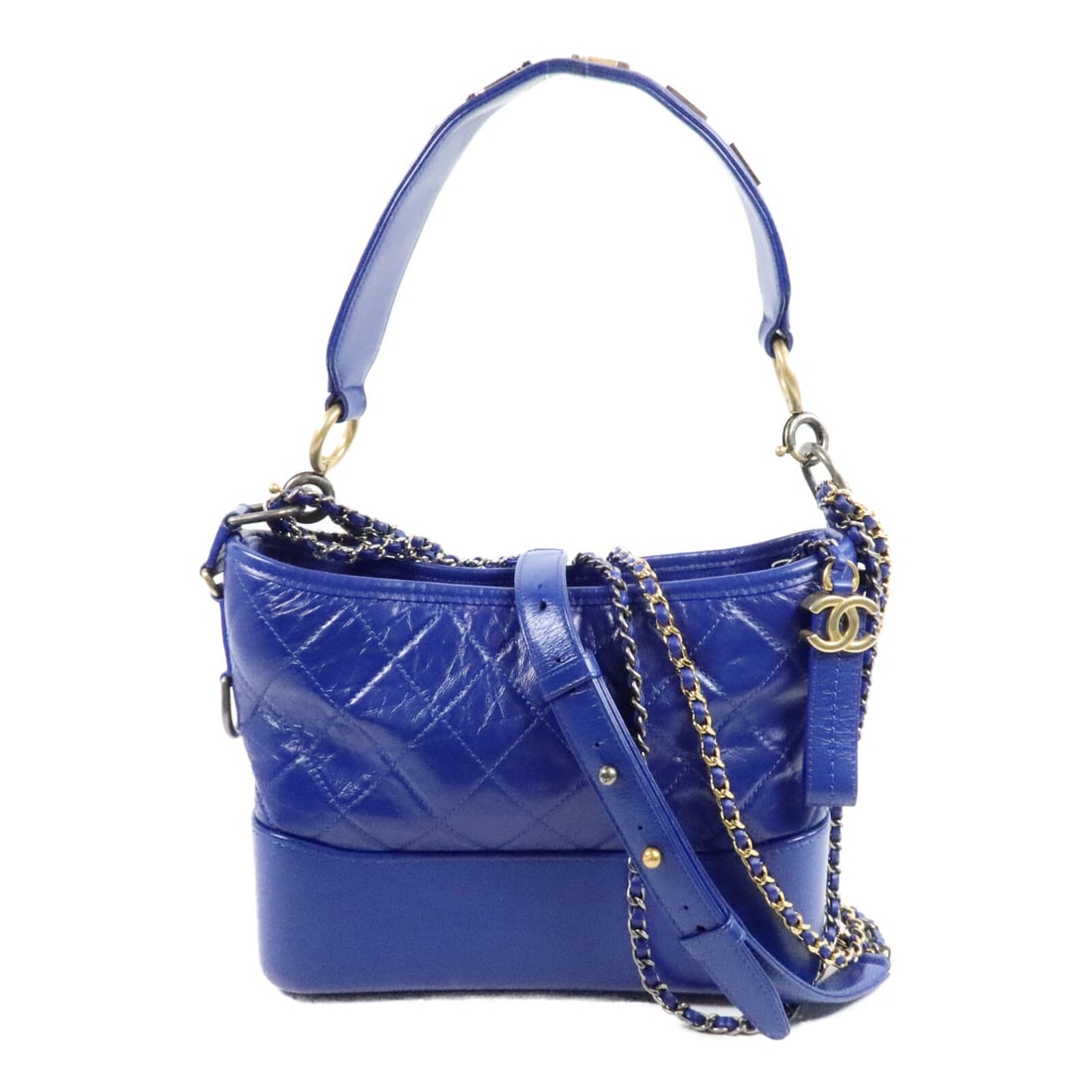 CHANEL Gabrielle Small Blue Calfskin Chain Shoulder Bag: CHANEL Gabrielle Small Blue Calfskin Chain Shoulder Bag A CHANEL Gabrielle small chain shoulder bag crafted from calfskin leather in blue. It features a chain shoulder strap and a practical interior l