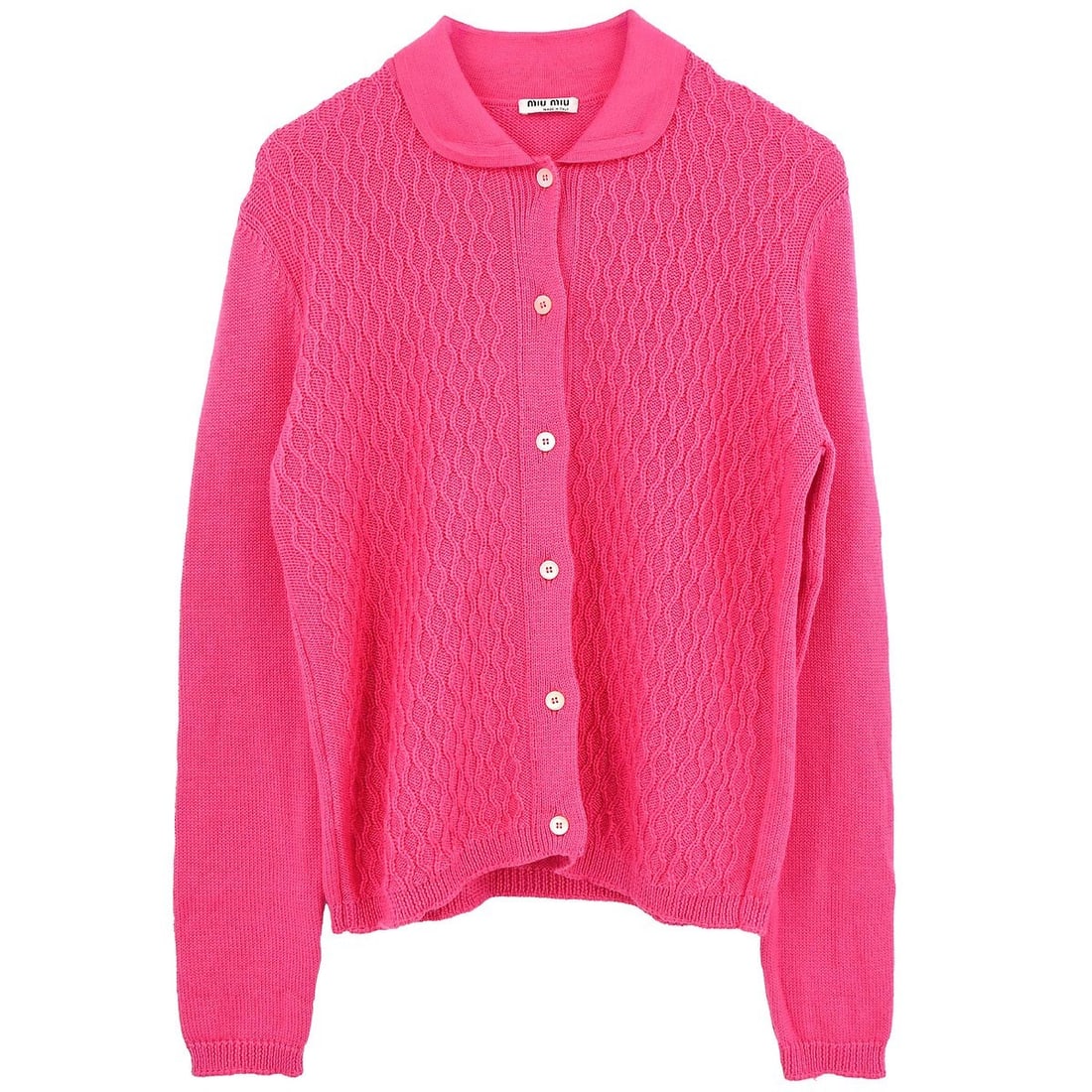 Miu Miu Pink Wool Collared Cardigan Sweater IT 42: Miu Miu Pink Wool Collared Cardigan Sweater IT 42 Pink Miu Miu cardigan for women with a collared neckline, long sleeves, and a regular fit. Made in Italy, this casual sweater is crafted from 100% woo