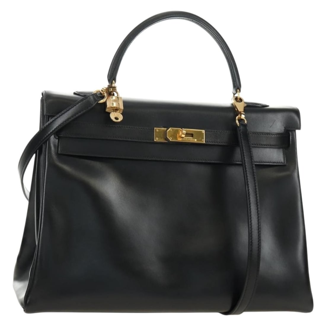Hermes Kelly 32 2way Leather Handbag Black Gold Tone: Hermes Kelly 32 2way Leather Handbag Black Gold Tone Hermes Box Calf Kelly 32 hand bag in leather, finished in black with gold accents. This women's bag is made in France and comes with a padlock, one