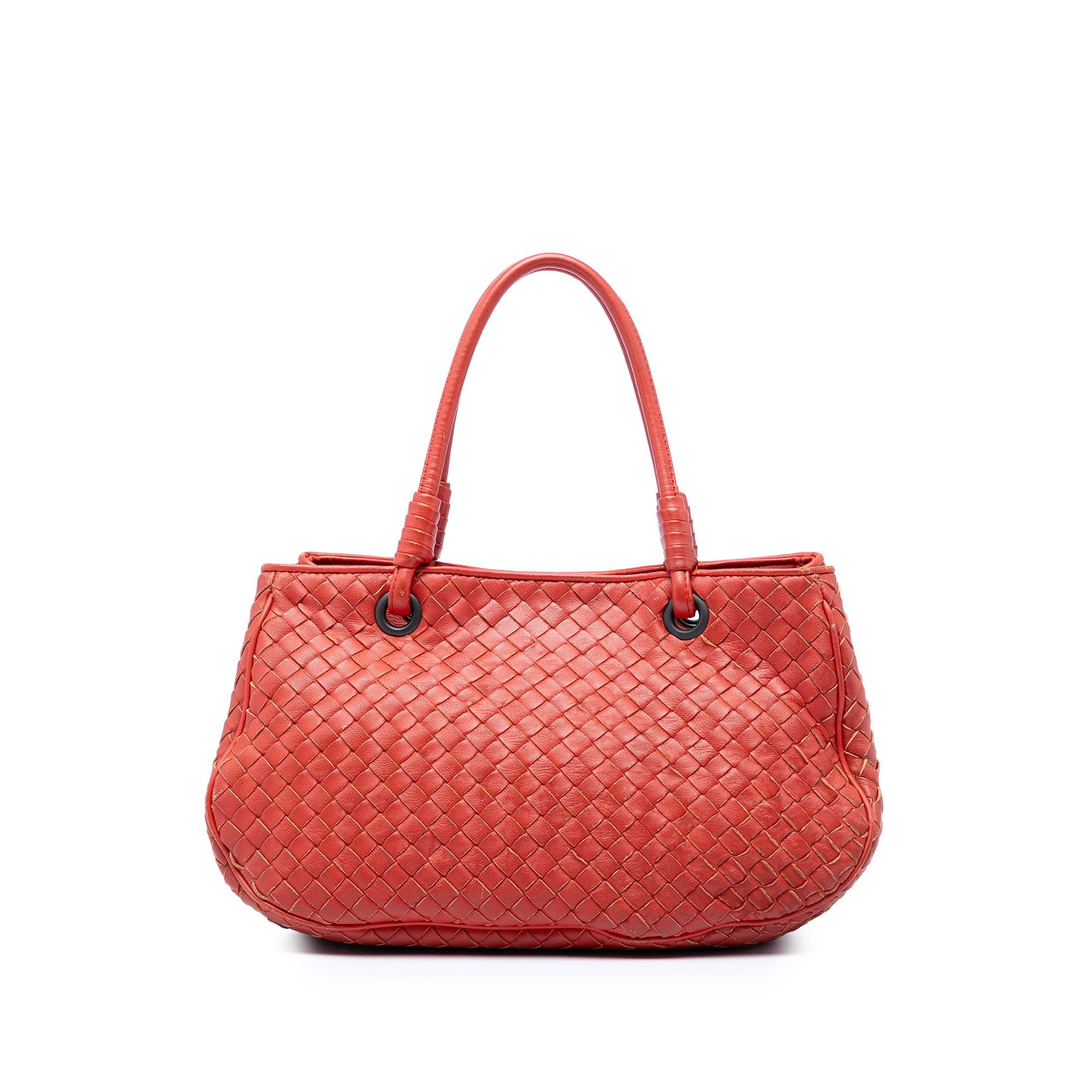 Orange Leather Top Handle Handbag Bottega Veneta Nappa Intrecciato: Orange Leather Top Handle Handbag Bottega Veneta Nappa Intrecciato Bottega Veneta Nappa Intrecciato Top Handle Bag in orange leather, made in Italy. This handbag features a woven leather body, rolled 