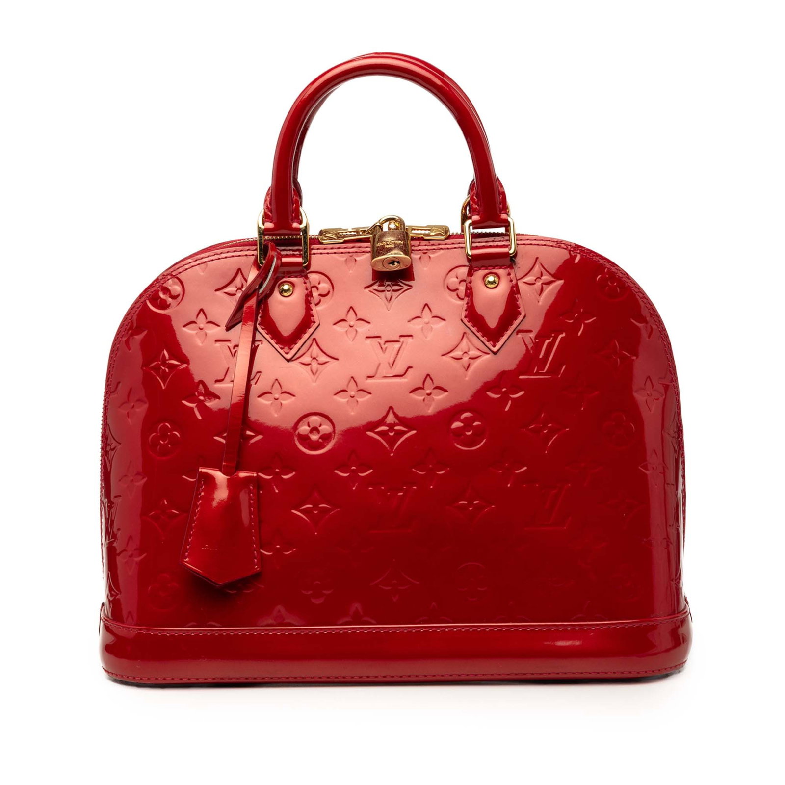 Louis Vuitton Alma PM Monogram Vernis Red Leather Handbag: Louis Vuitton Alma PM Monogram Vernis Red Leather Handbag Louis Vuitton Monogram Vernis Alma PM handbag crafted in monogram vernis leather with rolled leather handles, a top zip closure, and an interi