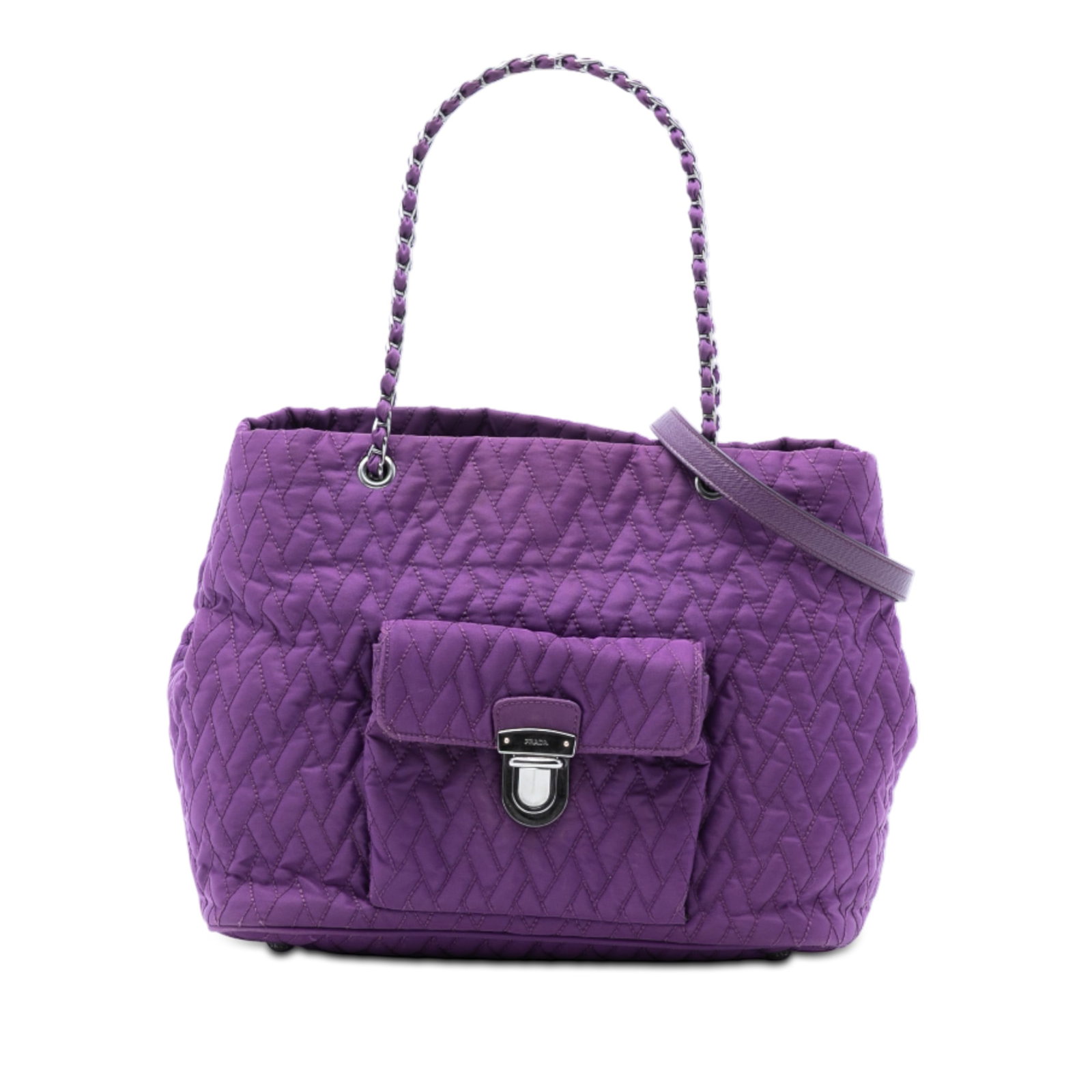 Prada Impuntu Tessuto Quilted Nylon Chain Tote Bag Purple: Prada Impuntu Tessuto Quilted Nylon Chain Tote Bag Purple This Prada Impuntu Tessuto Chain Tote features a quilted nylon exterior in purple with chain-link handles woven in nylon, a detachable flat le