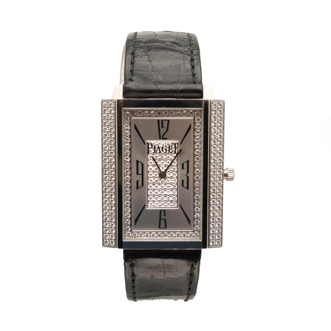 Piaget Black Tie Diamond Accent White Gold Manual Wind Watch: Piaget Black Tie Diamond Accent White Gold Manual Wind Watch This Piaget Black Tie wristwatch features a 28mm x 41mm rectangular case crafted from 18K white gold with a brushed finish. The watch is ad