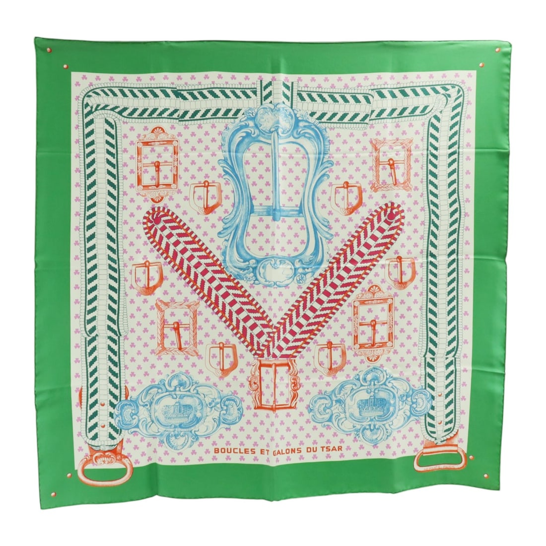 Hermes Silk Scarf 90 x 90 cm Green Pink Multicolor: Hermes Silk Scarf 90 x 90 cm Green Pink Multicolor Hermes silk scarf in green, pink, and multicolor. It is a women's regular-size scarf made in France and comes with a storage box. Condition is AB: Ve