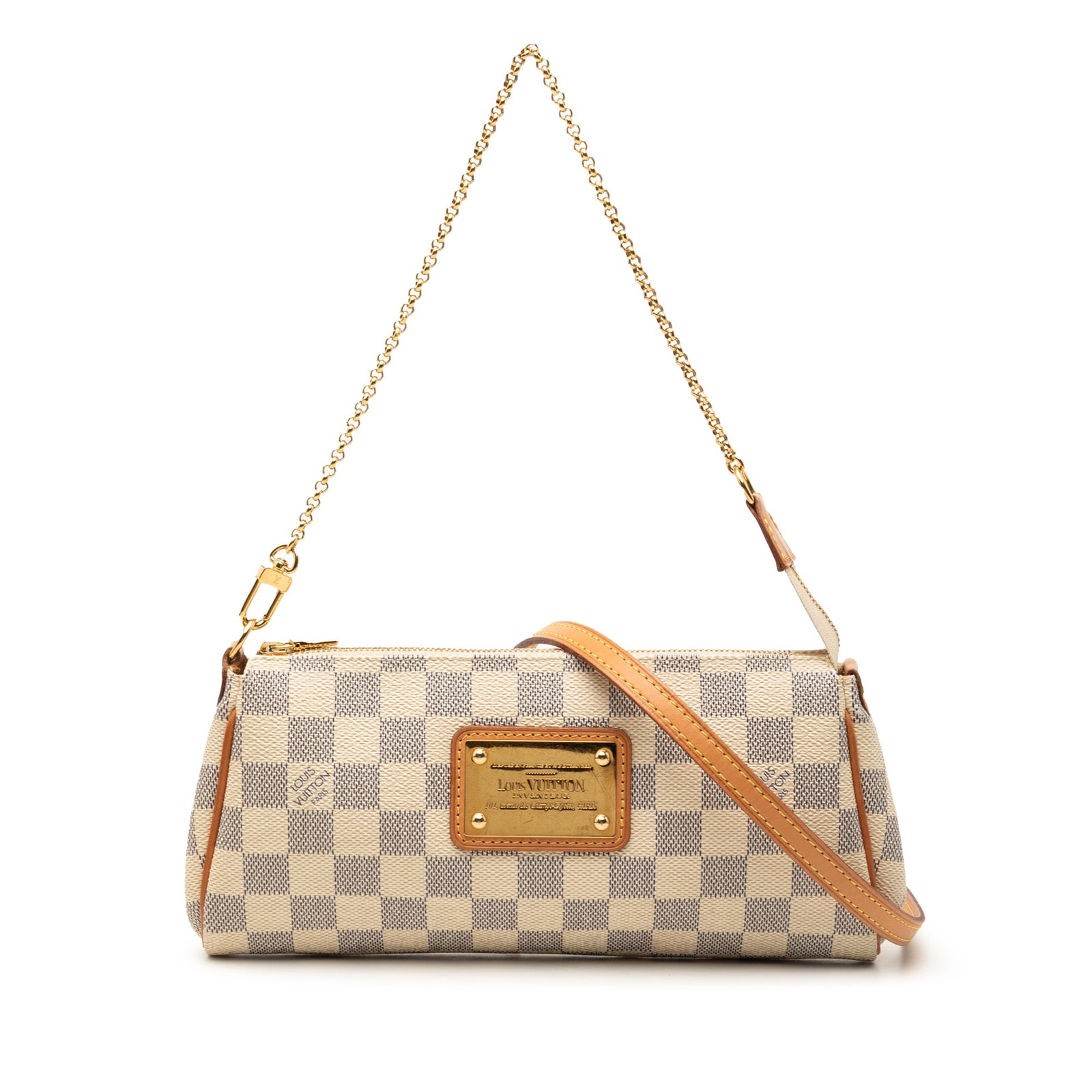 Louis Vuitton Eva shoulder bag in Damier Azur canvas: Louis Vuitton Eva shoulder bag in Damier Azur canvas Louis Vuitton Damier Azur Eva bag crafted with a damier canvas body and vachetta leather trim. It features a chain link handle, a detachable flat v