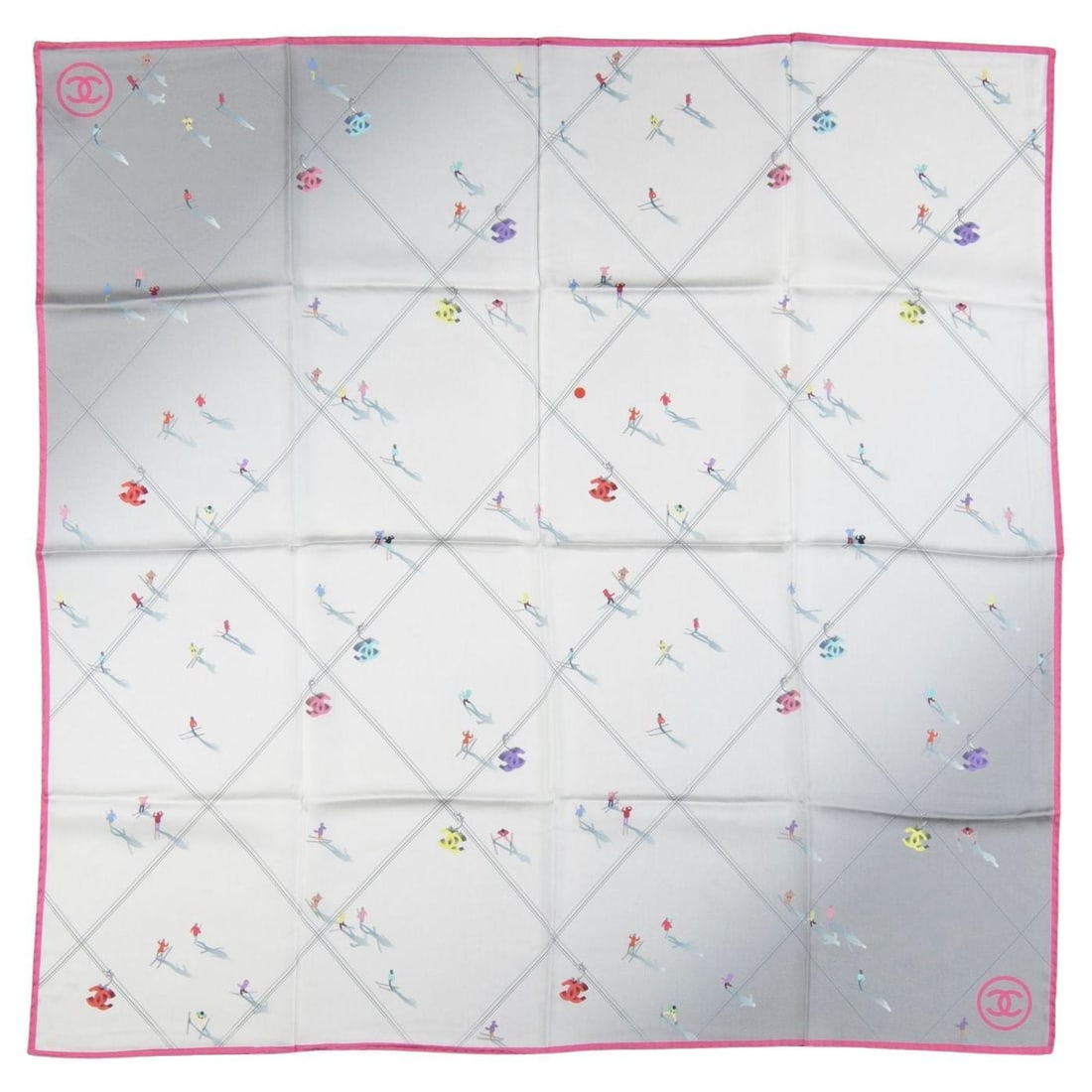 Chanel Silk Scarf with Skier Print White Red 36 Inch Square: Chanel Silk Scarf with Skier Print White Red 36 Inch Square This Chanel scarf is crafted from 100% silk and features a white and red design with a skier print in grey and pink. Made in Italy, it remai