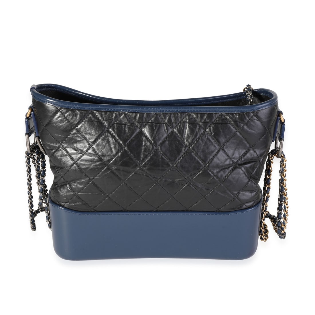 Chanel Large Gabrielle Hobo Quilted Leather Bag Black Blue: Chanel Large Gabrielle Hobo Quilted Leather Bag Black Blue Pre-owned Chanel Large Gabrielle Hobo handbag in black and blue quilted aged calfskin leather. This large unisex bag features a zip-top closu