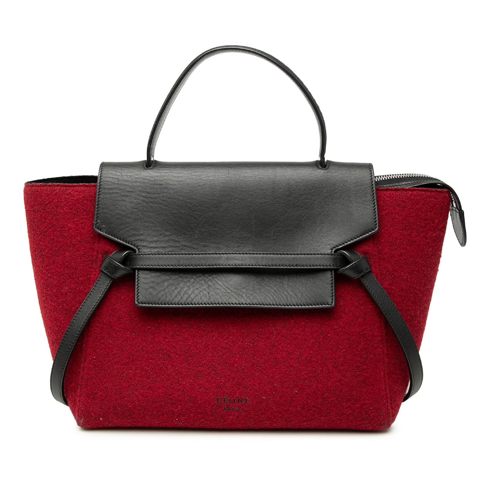 Celine Mini Belt Satchel Felt and Calfskin Red Italy: Celine Mini Belt Satchel Felt and Calfskin Red Italy Celine Mini Belt Satchel crafted with a felt body and leather trim. This satchel features a flat leather top handle, a front flap with top zip clos