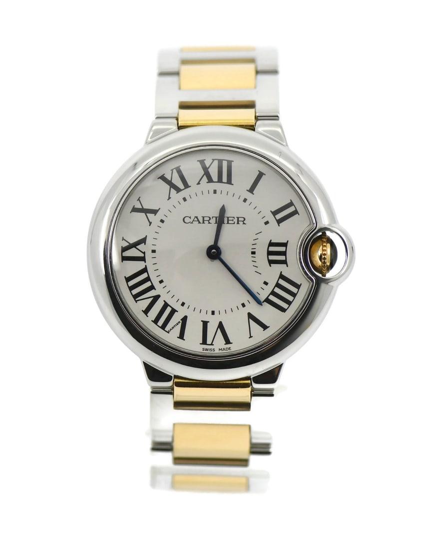 Cartier Ballon Bleu quartz wristwatch 18K and stainless steel W69008Z3: Cartier Ballon Bleu quartz wristwatch 18K and stainless steel W69008Z3 Cartier Ballon Bleu wristwatch in 18K and stainless steel with a 36 mm case. It features a silver guilloche dial with Roman numer