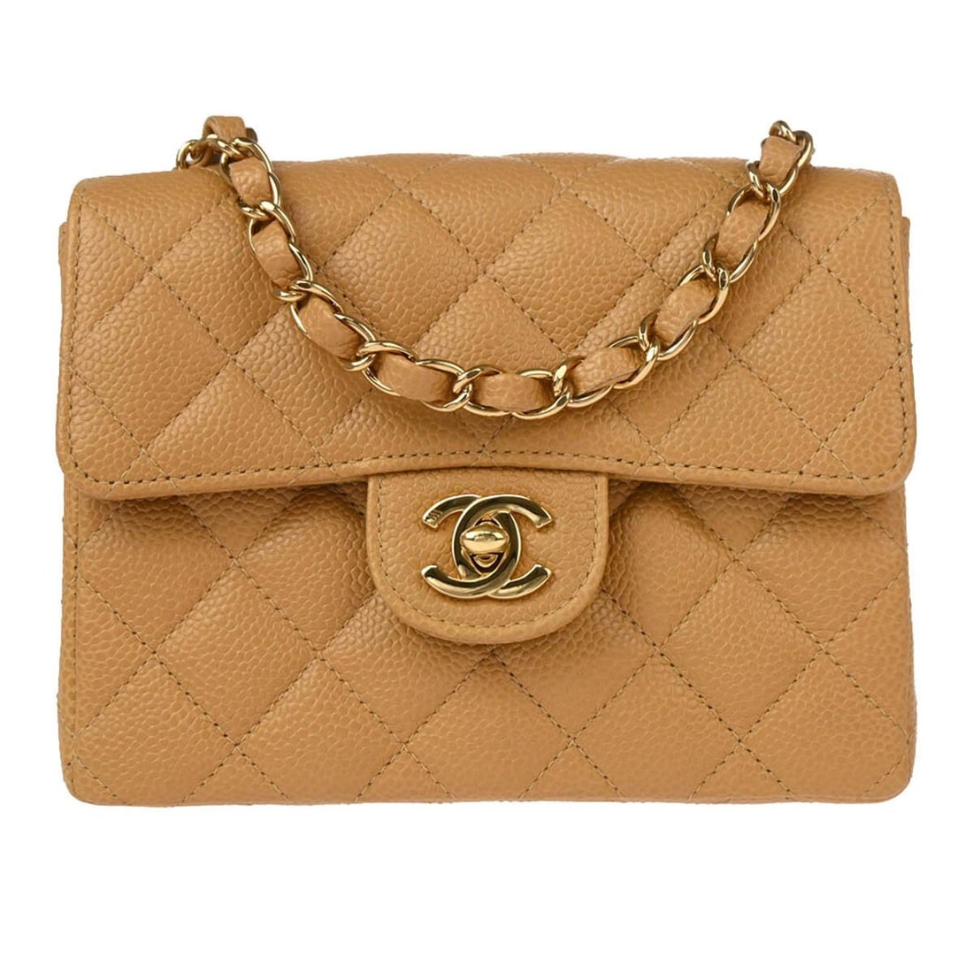 CHANEL Classic Single Flap Mini Square Beige Caviar Shoulder Bag: CHANEL Classic Single Flap Mini Square Beige Caviar Shoulder Bag Chanel Classic Single Flap Mini Square shoulder bag in beige caviar skin leather. This women's bag features a turn-lock closure, chain 