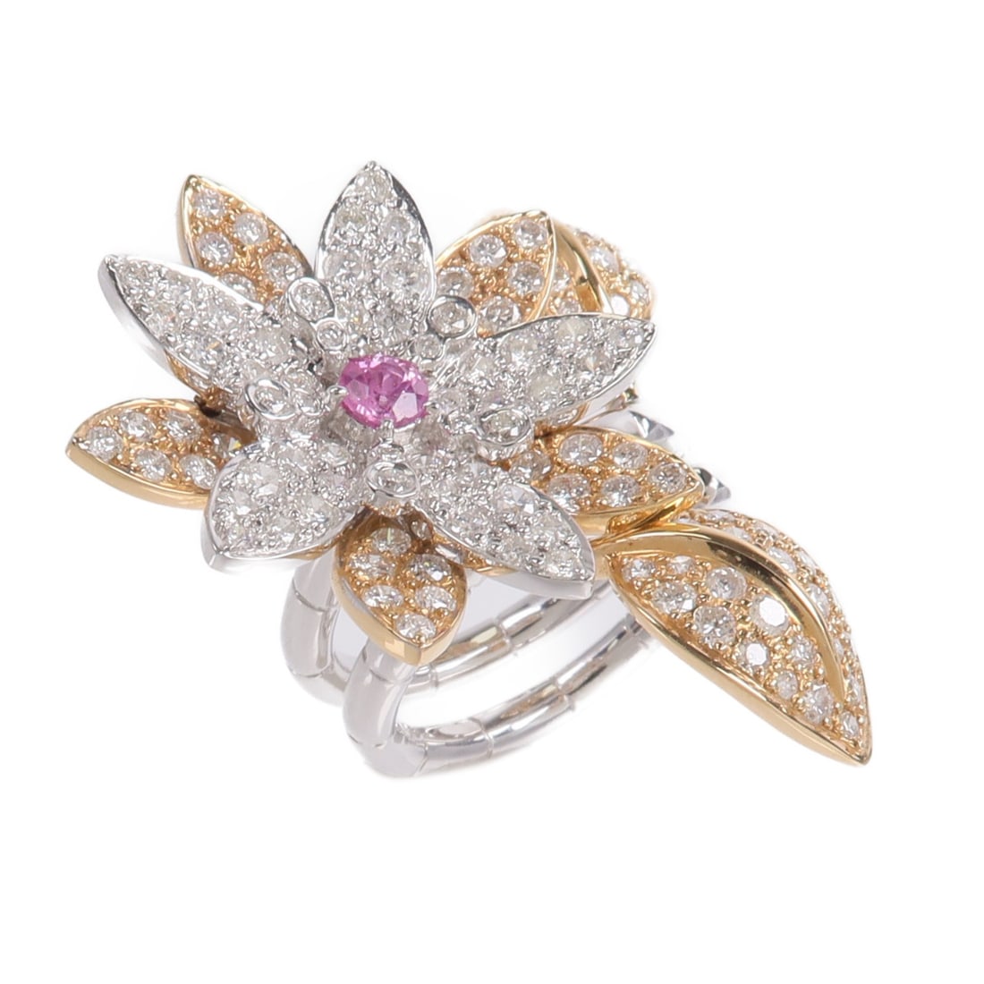 18K Rose and White Gold Ring Pink Sapphire Diamond Size 5.25: 18K Rose and White Gold Ring Pink Sapphire Diamond Size 5.25 Women's ring featuring pink sapphire and diamond accents in K18PG rose gold and K18WG white gold. The ring is size 5.25 and has a pink and 
