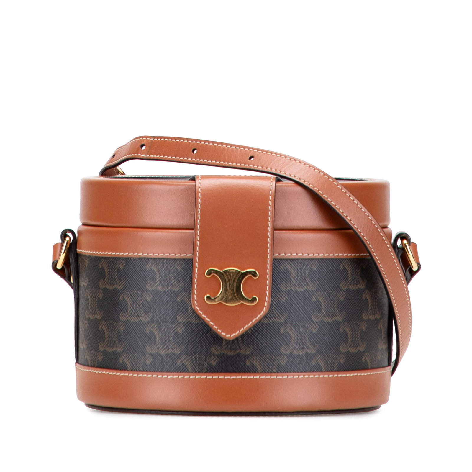 Celine Medium Triomphe Coated Canvas Crossbody Bag Brown: Celine Medium Triomphe Coated Canvas Crossbody Bag Brown The Celine Medium Triomphe Coated Canvas Tambour Crossbody is a sophisticated accessory crafted from durable coated canvas with leather trim. T