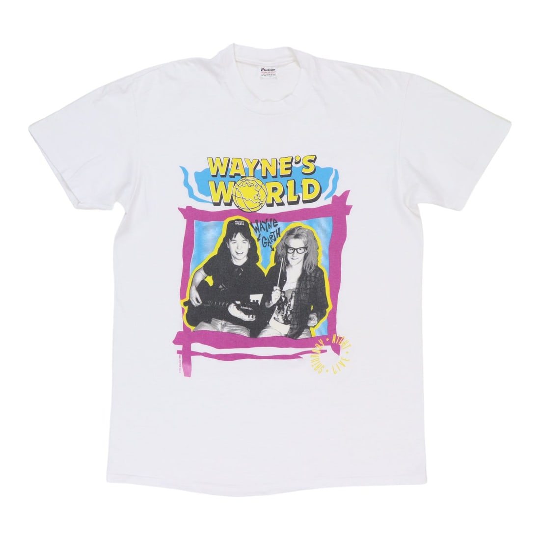 Vintage 1990 White Wayne's World SNL Graphic T-Shirt Size XL: Vintage 1990 White Wayne's World SNL Graphic T-Shirt Size XL This is an original vintage 1990 Wayne's World Saturday Night Live shirt featuring graphics on both the front and back. Made from 100% cott
