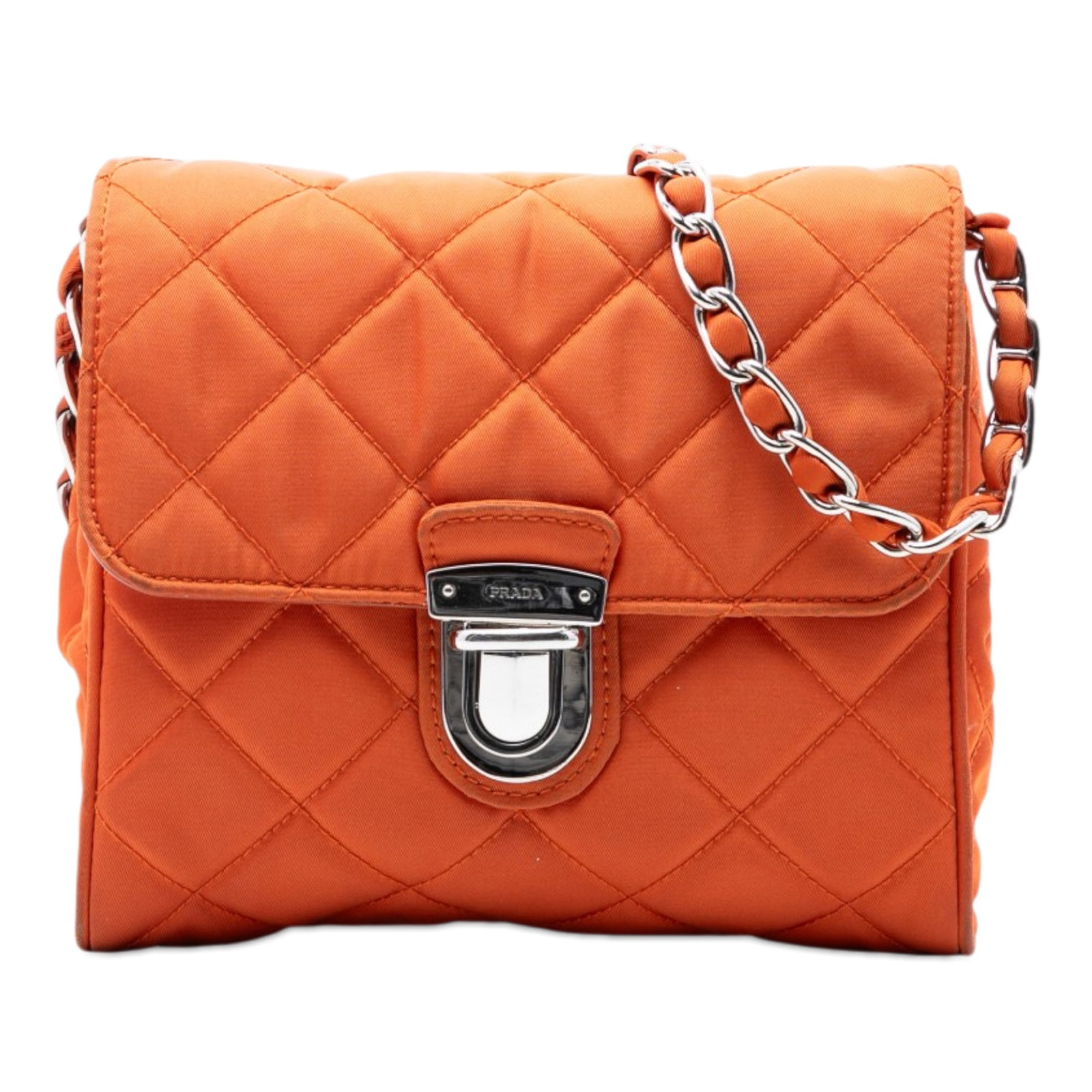 Prada Impuntu Tessuto Orange Nylon Chain Crossbody Bag: Prada Impuntu Tessuto Orange Nylon Chain Crossbody Bag This Prada Impuntu Tessuto Chain Crossbody bag features a quilted orange nylon body and a woven chain link strap. It is designed with a flap and 