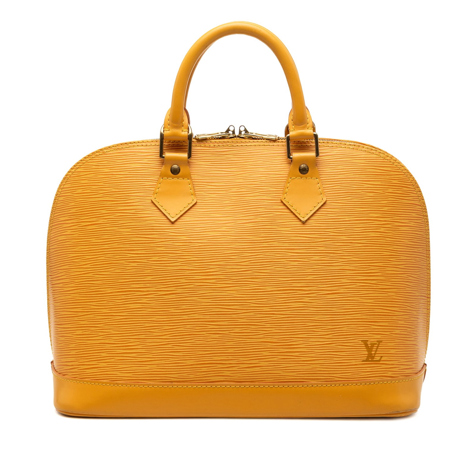 Louis Vuitton Alma PM orange Epi leather handbag: Louis Vuitton Alma PM orange Epi leather handbag Louis Vuitton Epi Alma PM handbag in orange leather with rolled leather handles, a top zip closure, and an interior slip pocket. Made in France. Condit