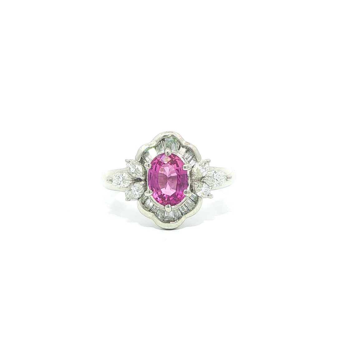 GIA Certified Pink Sapphire Diamond Cocktail Ring in Platinum Vintage: GIA Certified Pink Sapphire Diamond Cocktail Ring in Platinum Vintage Vintage cocktail ring crafted in solid platinum and set with an oval natural pink sapphire accented by marquise and baguette cut n