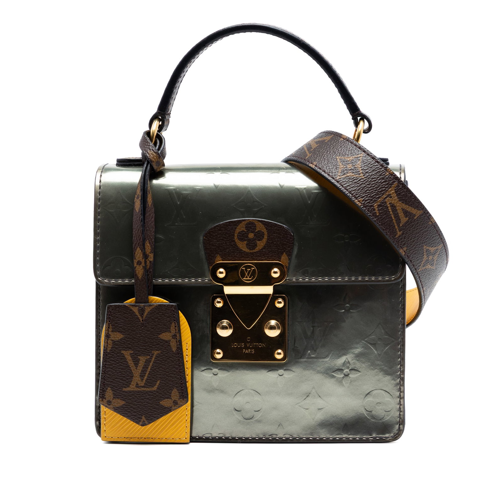 Louis Vuitton Spring Street Monogram Vernis Leather Handbag: Louis Vuitton Spring Street Monogram Vernis Leather Handbag Louis Vuitton Monogram Vernis Spring Street handbag in silver leather with a structured silhouette and signature S-lock front flap closure. 