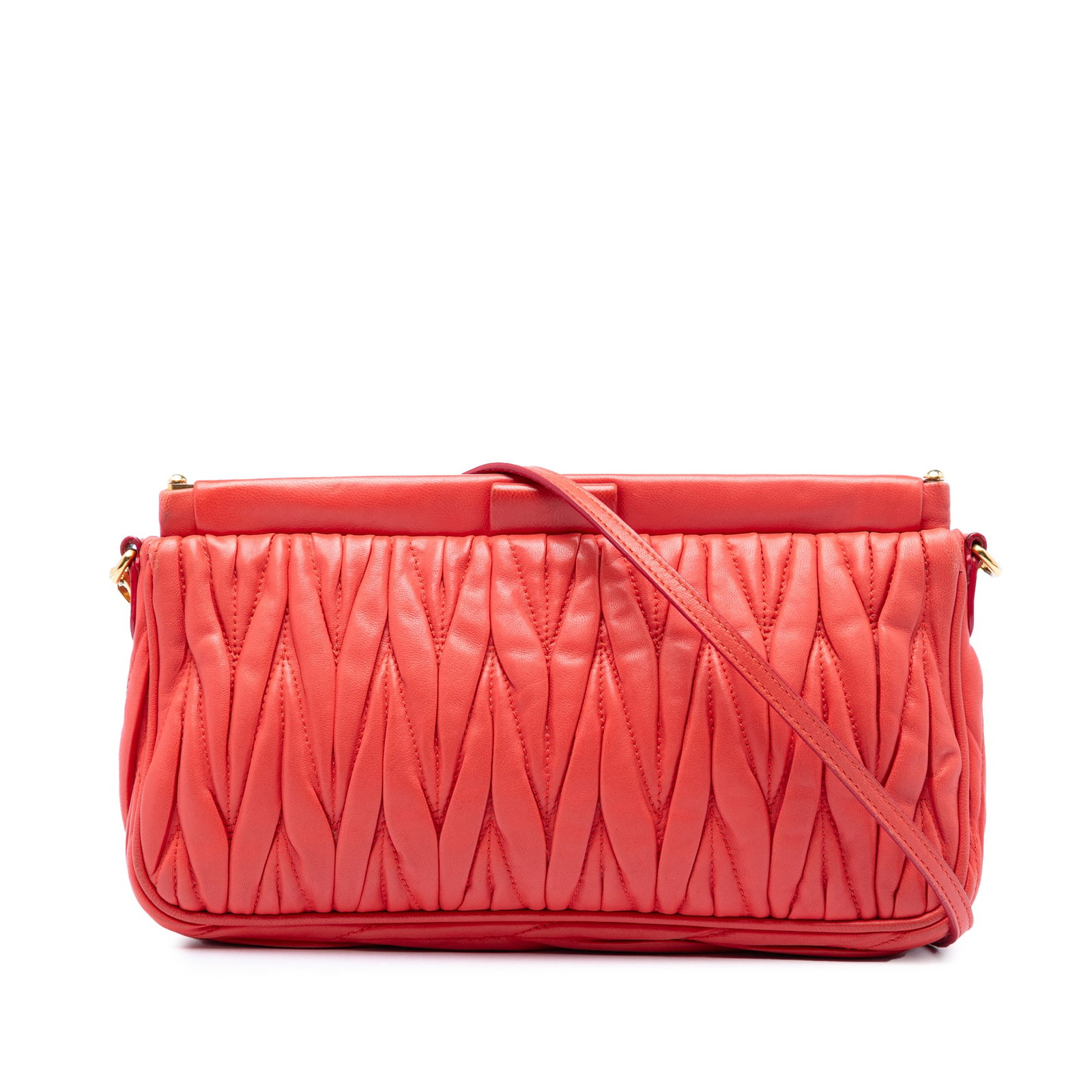 Red Leather Frame Shoulder Bag Miu Miu Matelasse Nappa: Red Leather Frame Shoulder Bag Miu Miu Matelasse Nappa This Miu Miu Matelasse Nappa Frame Shoulder Bag is crafted in quilted nappa leather with a red finish. It features a detachable and adjustable le