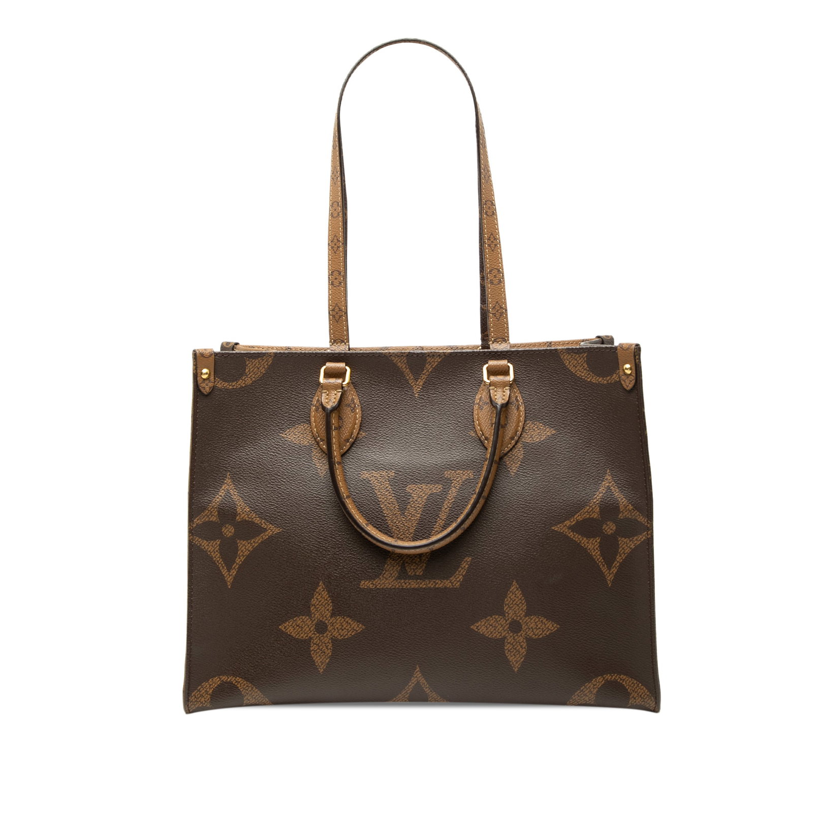 Louis Vuitton OnTheGo MM Monogram Reverse Giant Tote Bag: Louis Vuitton OnTheGo MM Monogram Reverse Giant Tote Bag Louis Vuitton Monogram Reverse Giant OnTheGo MM tote bag in brown fabric with a monogram giant canvas body. It features rolled handles, flat sh